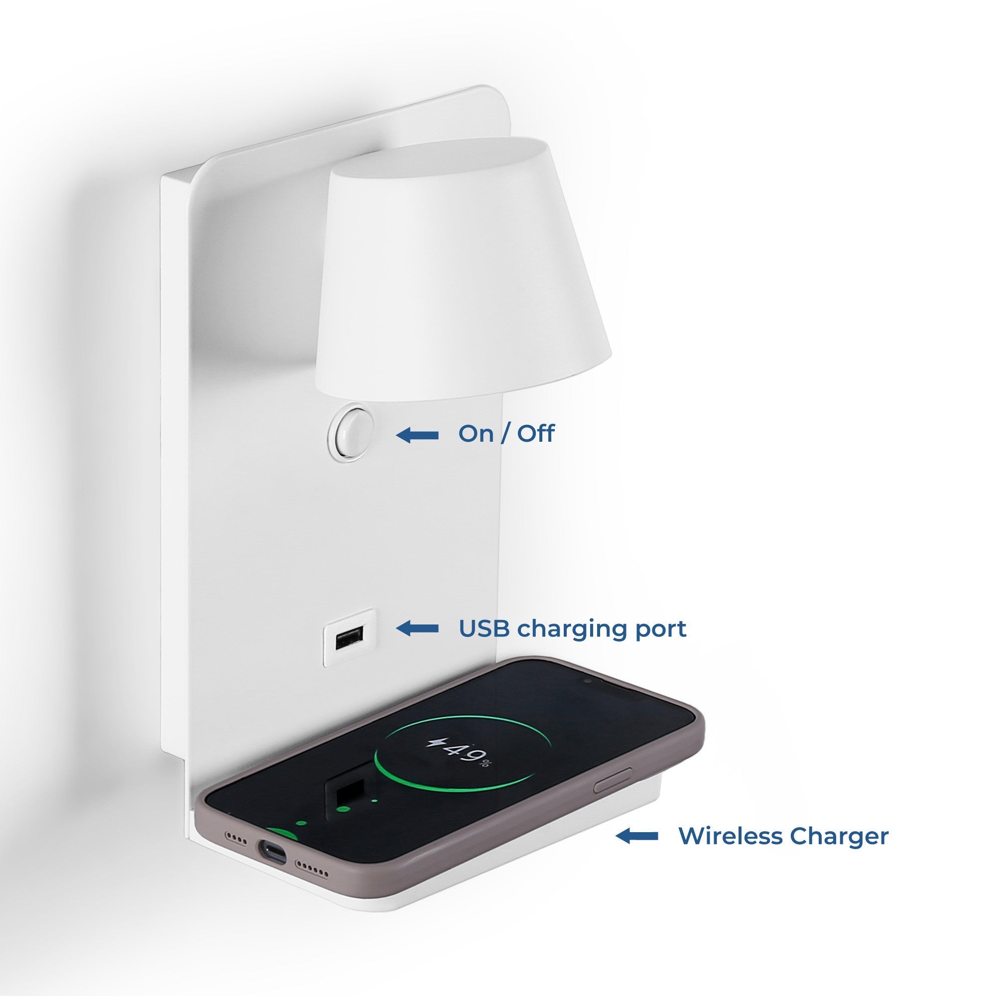 Aplique de pared para lectura con puerto USB "BASKOP W" - 6W - Base carga inalámbrica