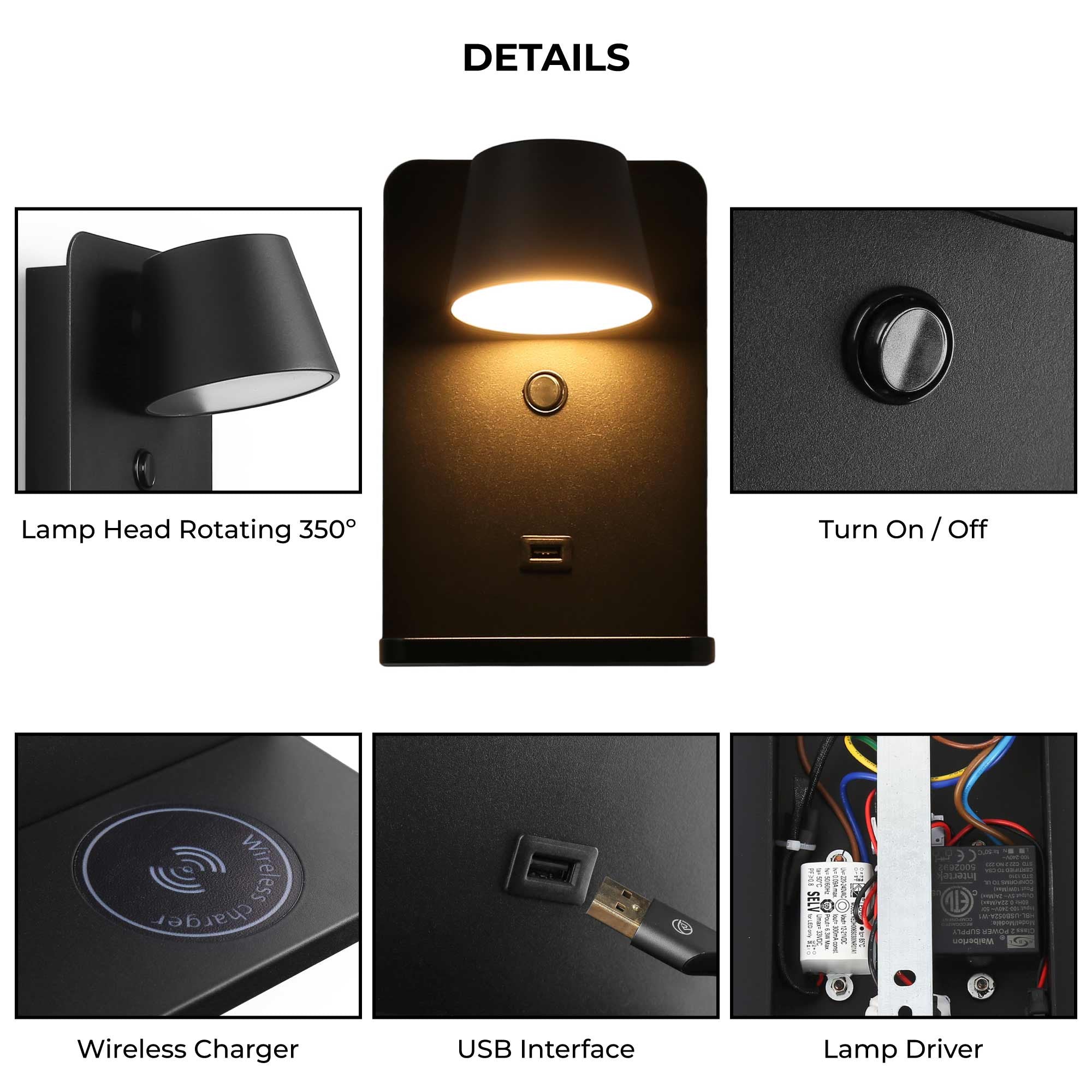 Aplique de pared para lectura con puerto USB "BASKOP W" - 6W - Base carga inalámbrica