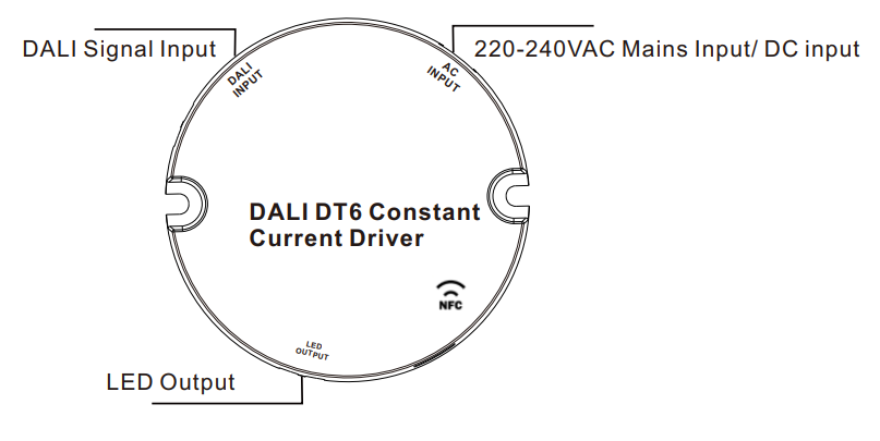 Driver regulable DALI DT6 NFC monocolor 220-240V - Salida 10-42V DC - 100-500mA - 10W