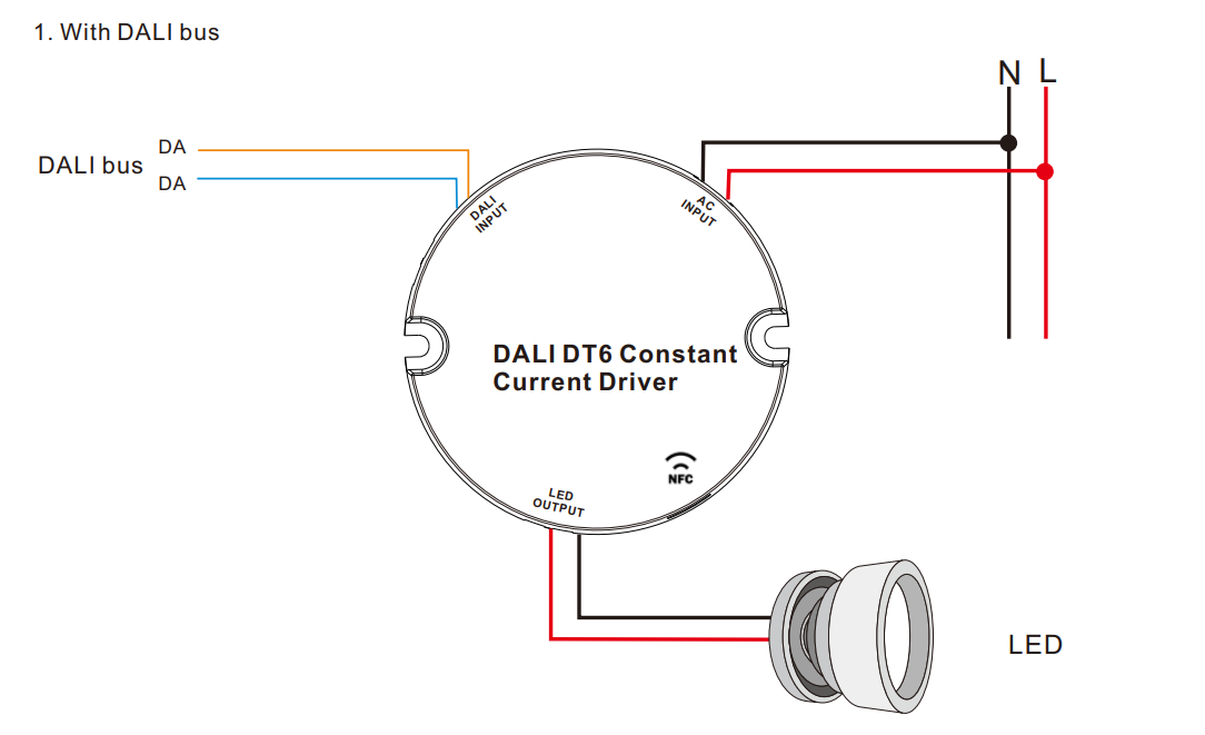 Driver regulable DALI DT6 NFC monocolor 220-240V - Salida 10-42V DC - 100-500mA - 10W