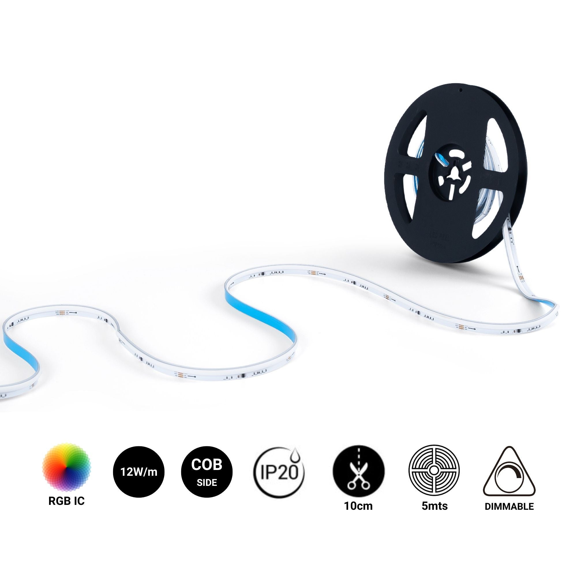 Tira LED inteligente RGB COB 24V DC - Emisión lateral - 12W/m - 10mm - IP20 - Rollo de 5 metros