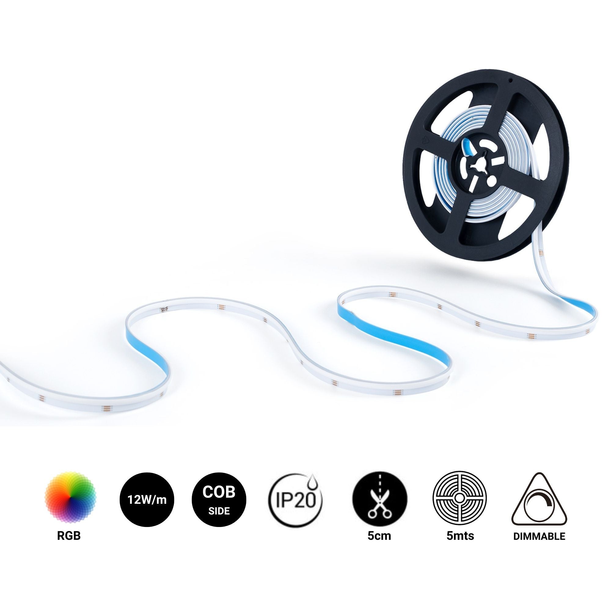 Tira LED COB 24V DC RGB - Emisión lateral - 12W/m - 10mm - IP20 - Corte c/ 5cm - Rollo de 5 metros
