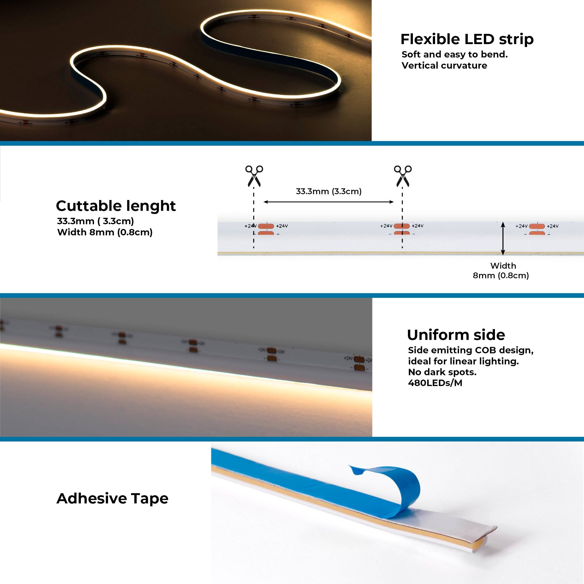 Tira LED COB 24V DC monocolor - Emisión lateral - 9W/m - 8mm - IP20 - Corte c/ 3cm - Rollo de 5 metros