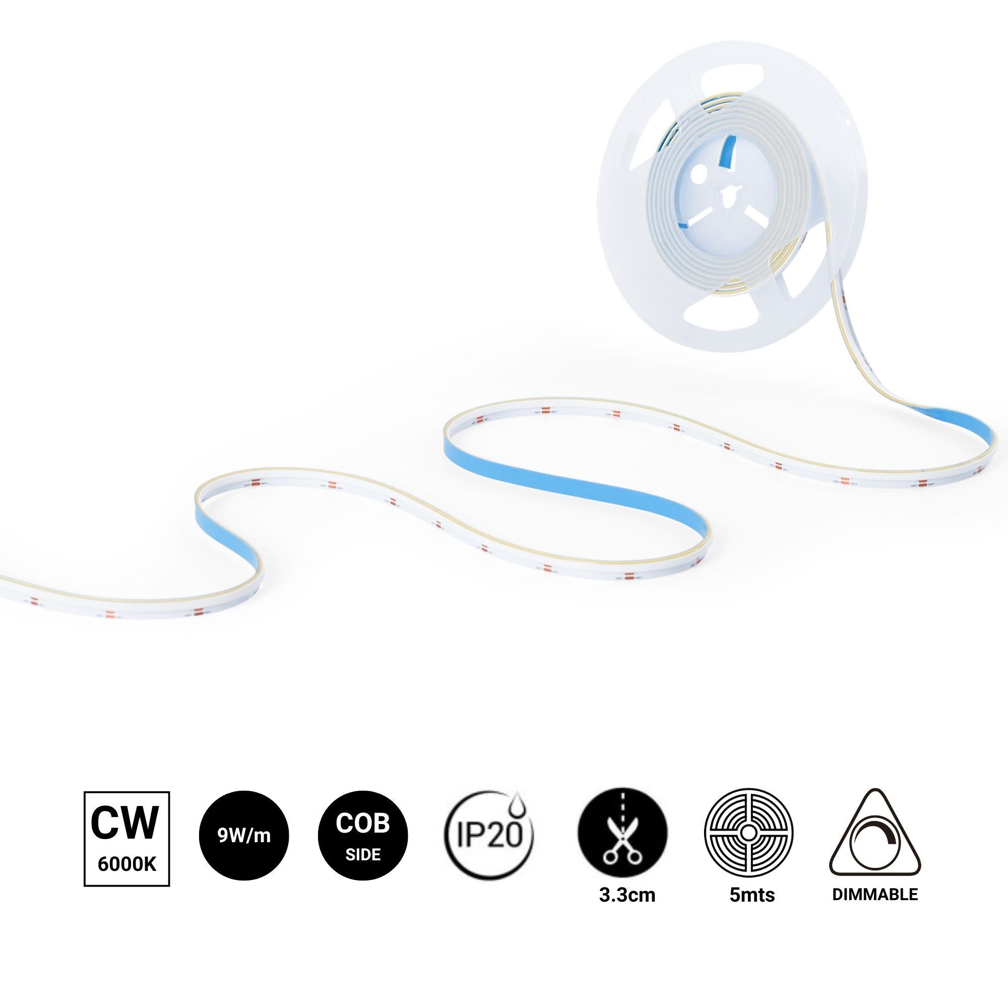 Tira LED COB 24V DC monocolor - Emisión lateral - 9W/m - 8mm - IP20 - Corte c/ 3cm - Rollo de 5 metros