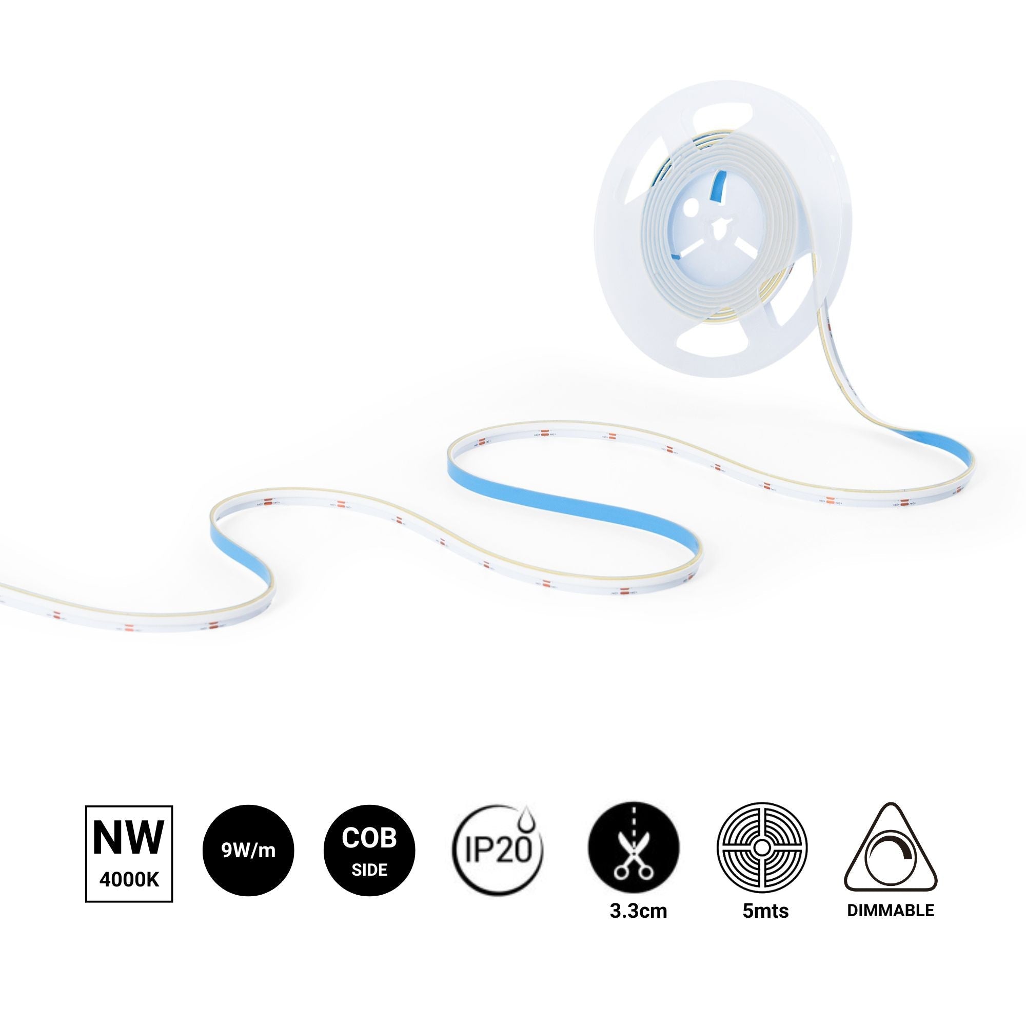 Tira LED COB 24V DC monocolor - Emisión lateral - 9W/m - 8mm - IP20 - Corte c/ 3cm - Rollo de 5 metros