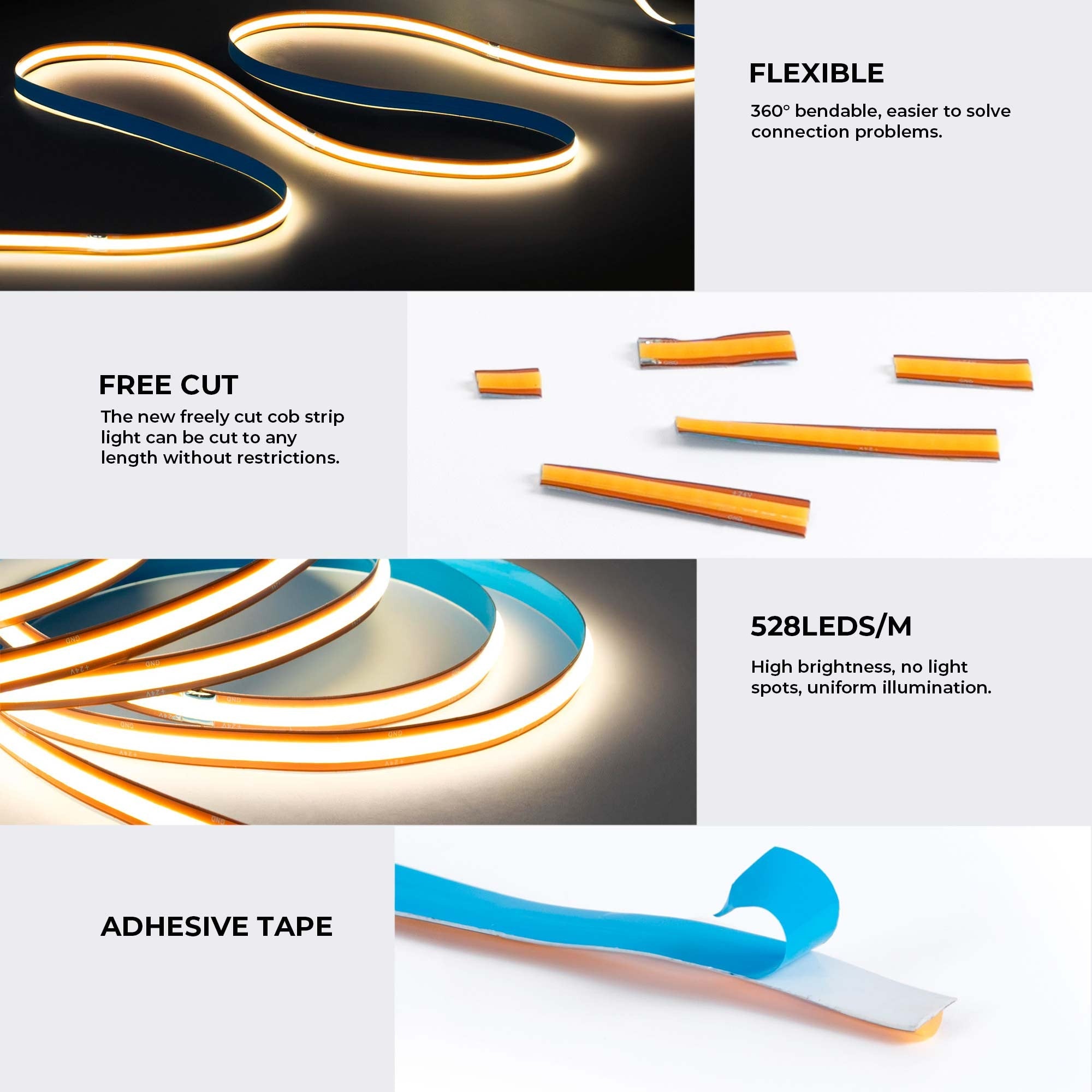 Tira LED COB 24V DC -Monocolor - FREE CUT - 11W/m - 8mm - IP20 - Rollo de 5 metros