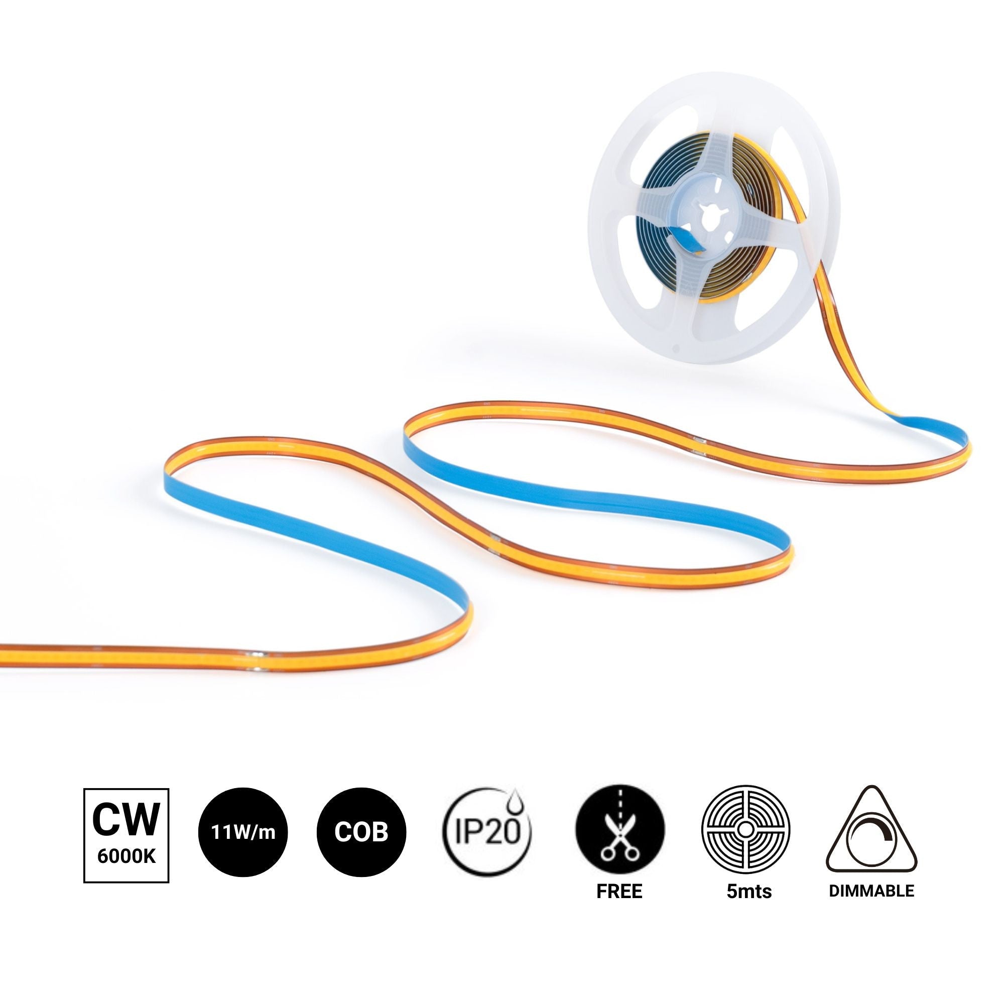 Tira LED COB 24V DC -Monocolor - FREE CUT - 11W/m - 8mm - IP20 - Rollo de 5 metros
