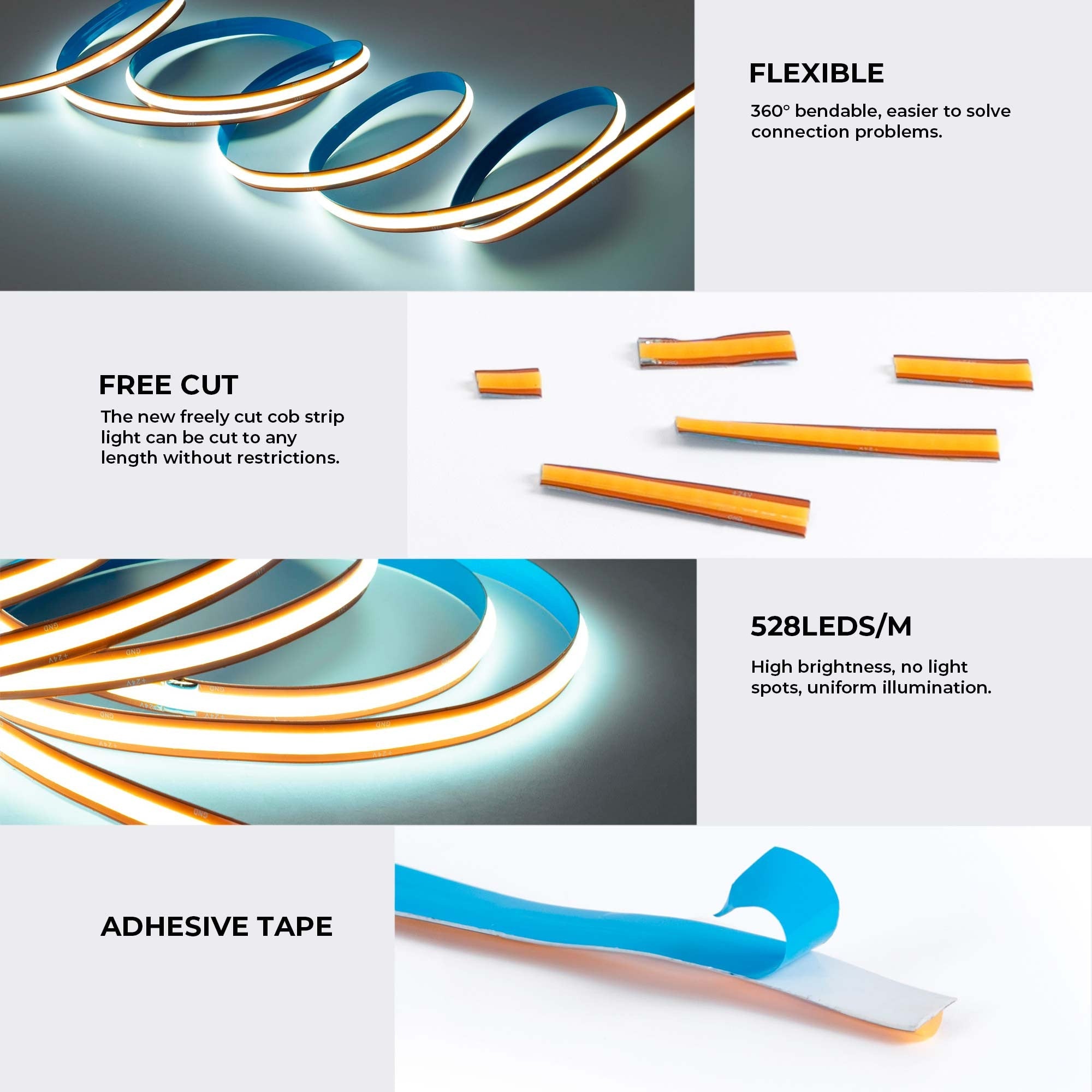Tira LED COB 24V DC -Monocolor - FREE CUT - 11W/m - 8mm - IP20 - Rollo de 10 metros