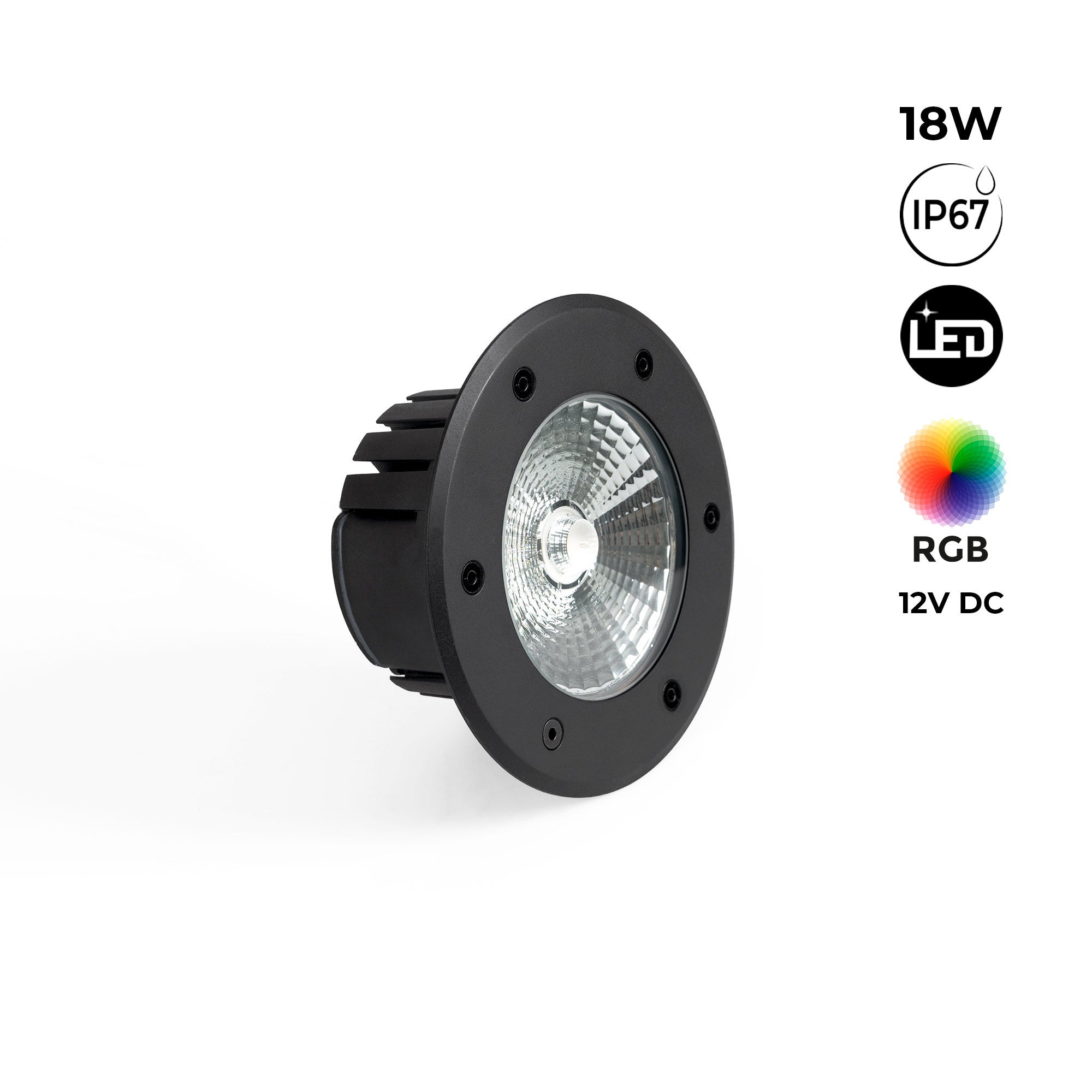 Baliza LED exterior suelo 18W - 12V DC - IP67 - Ø15cm -30º - RGB/3000K