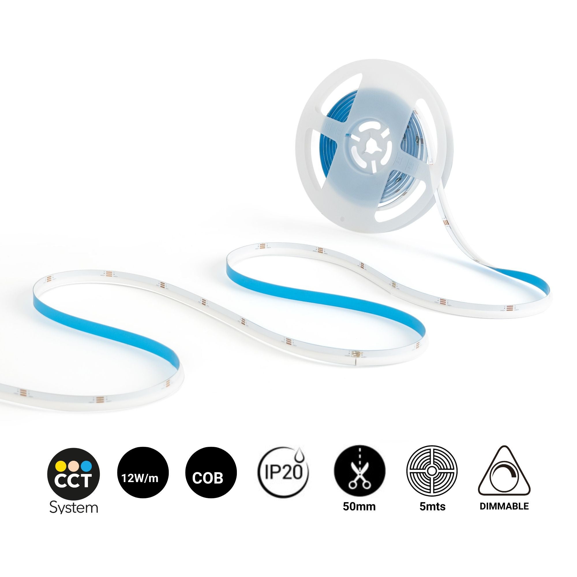 Tira LED COB 24V DC CCT - Emisión lateral - 12W/m - 10mm - IP20 - Corte c/ 5cm - Rollo de 5 metros