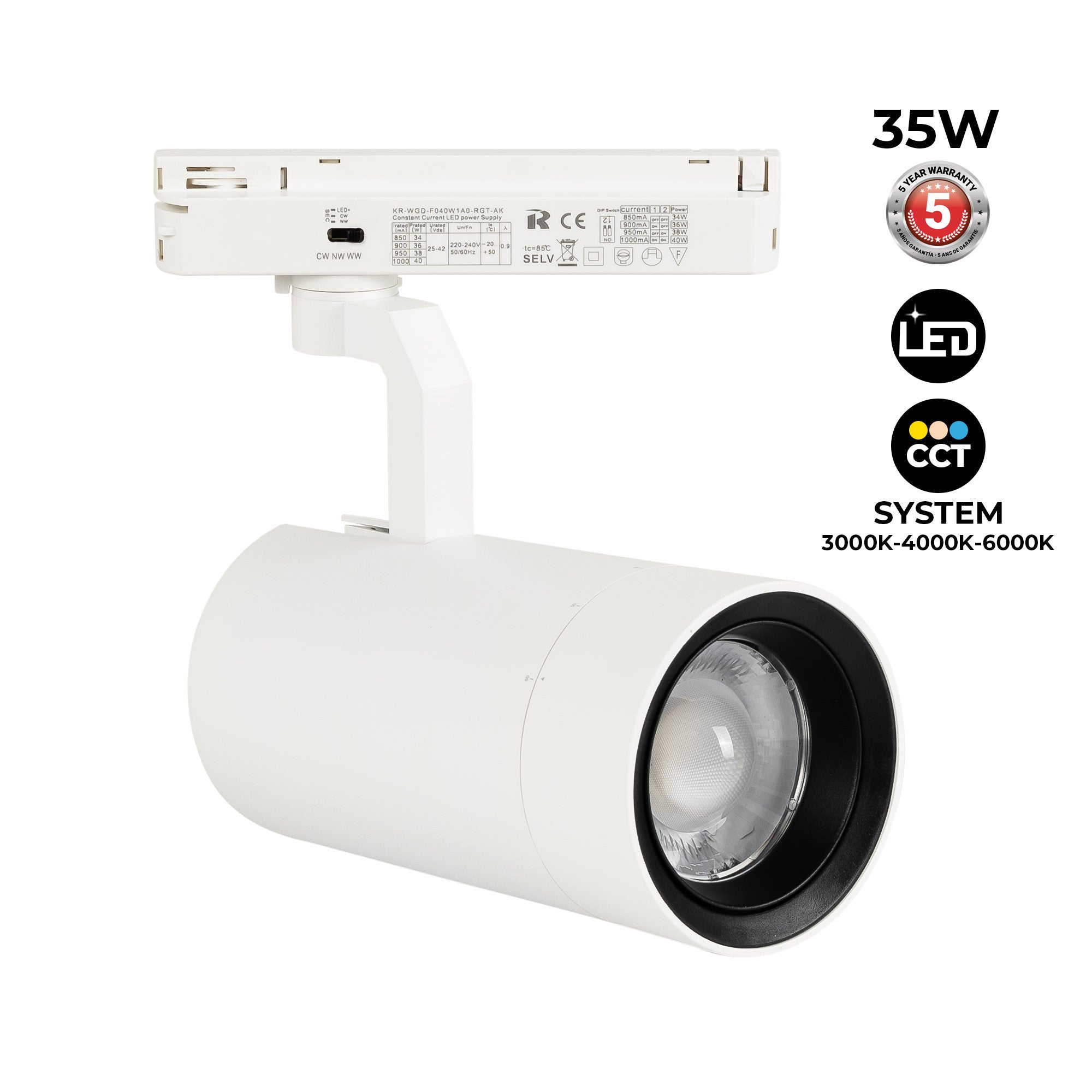 Proyector LED para carril Monofasico 35W CCT - ZOOM 20º- 60º - CRI 90