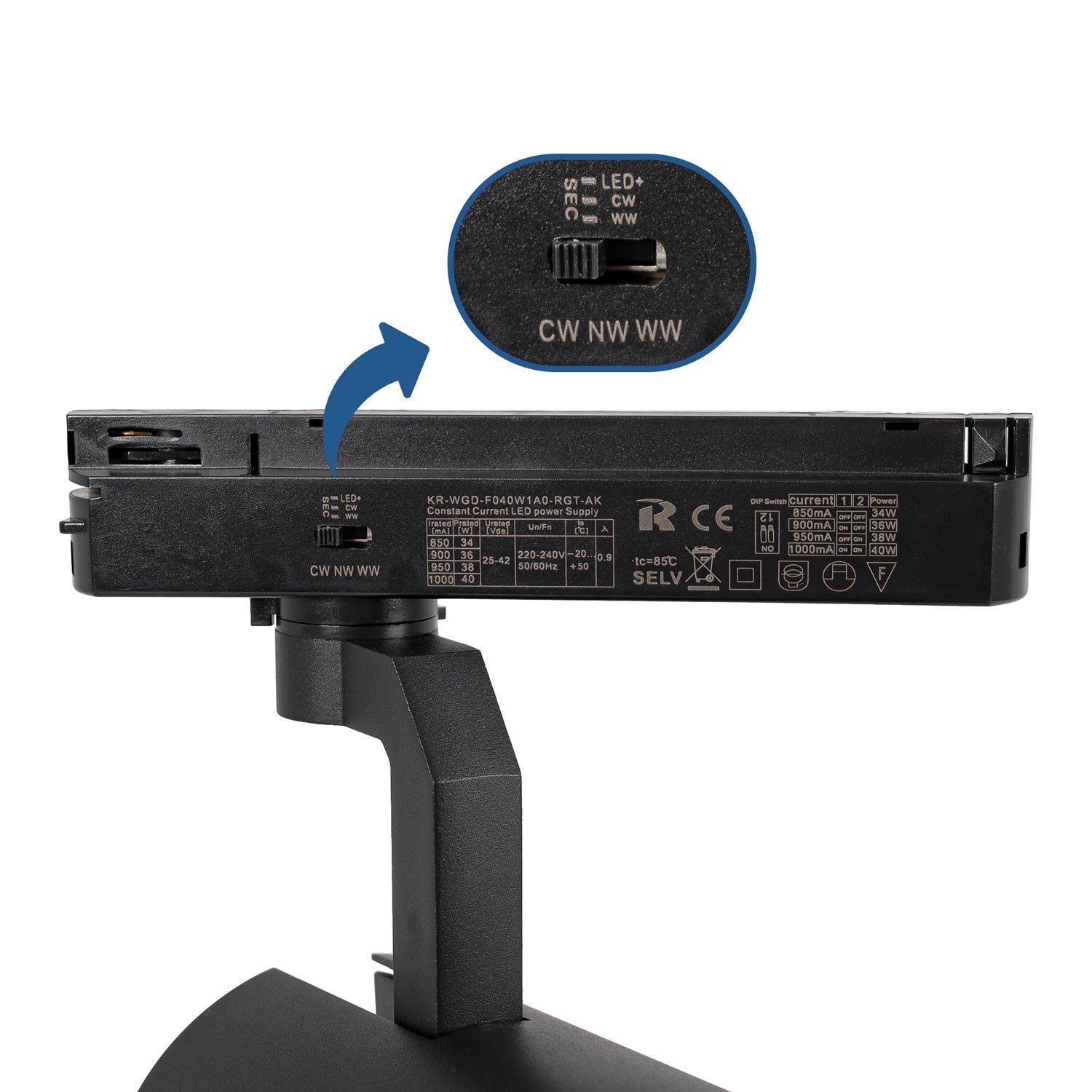 Proyector LED para carril Monofasico 35W CCT - ZOOM 20º- 60º - CRI 90
