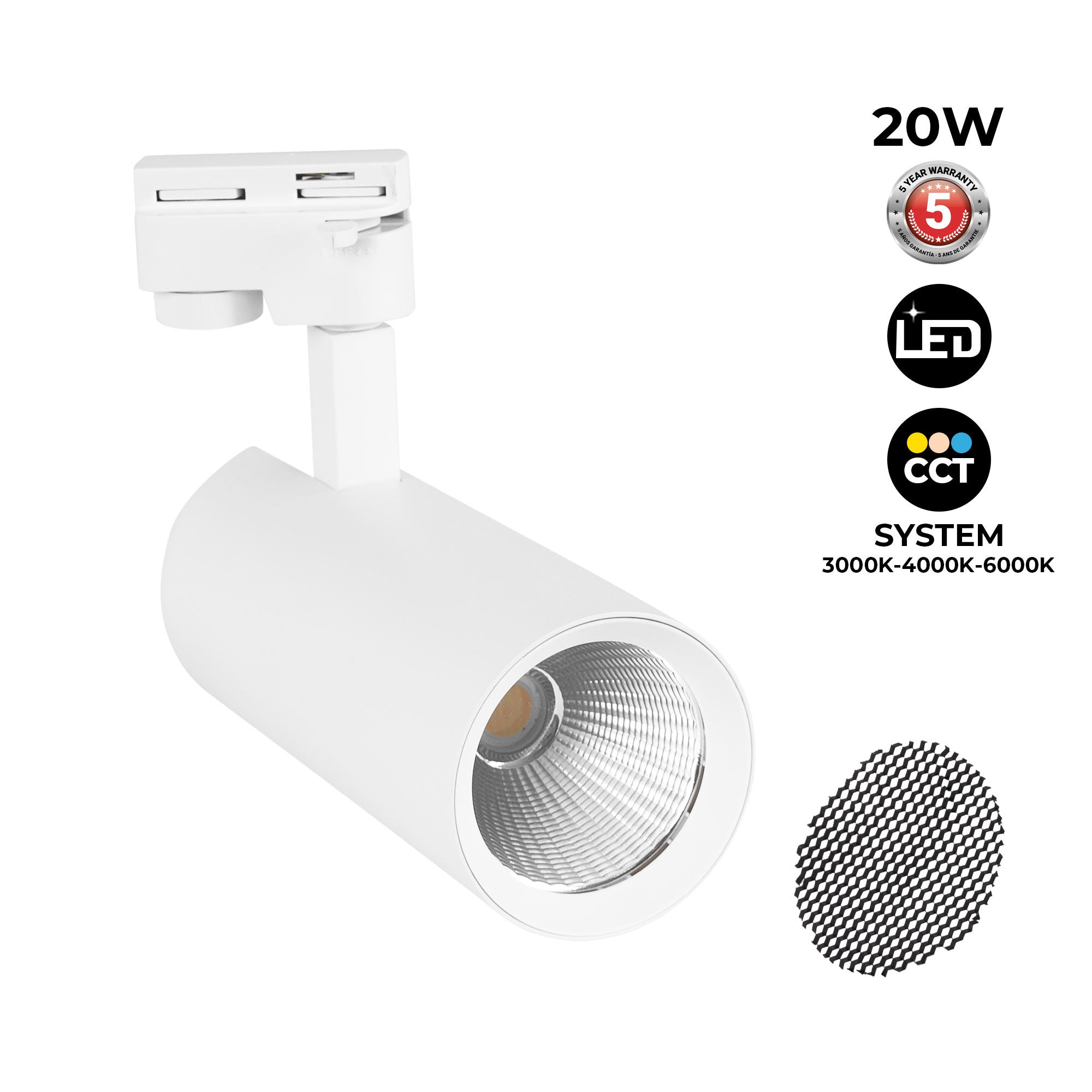 Proyector LED para carril monofásico 20W - CCT - CRI 90 - 1800 lm