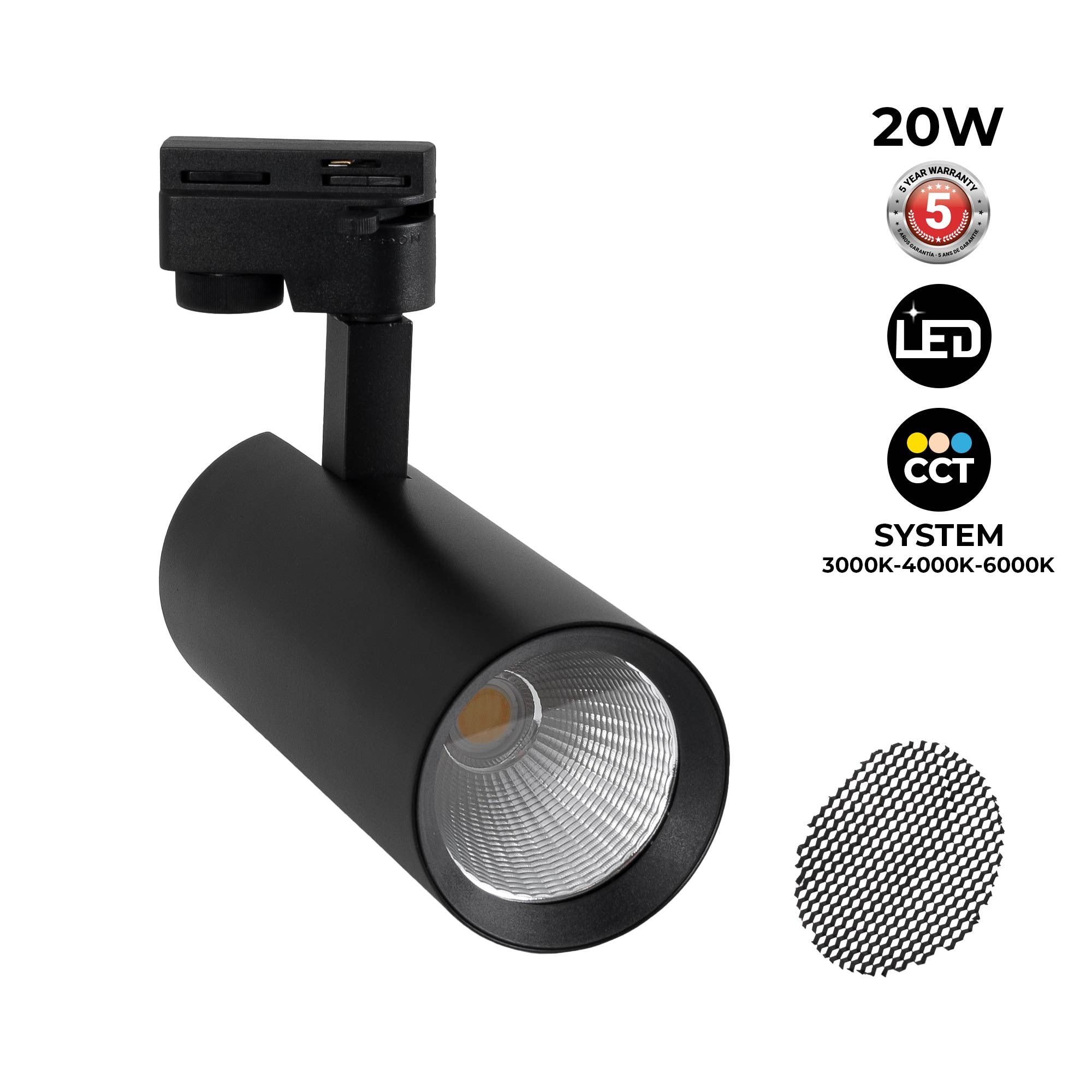 Proyector LED para carril monofásico 20W - CCT - CRI 90 - 1800 lm