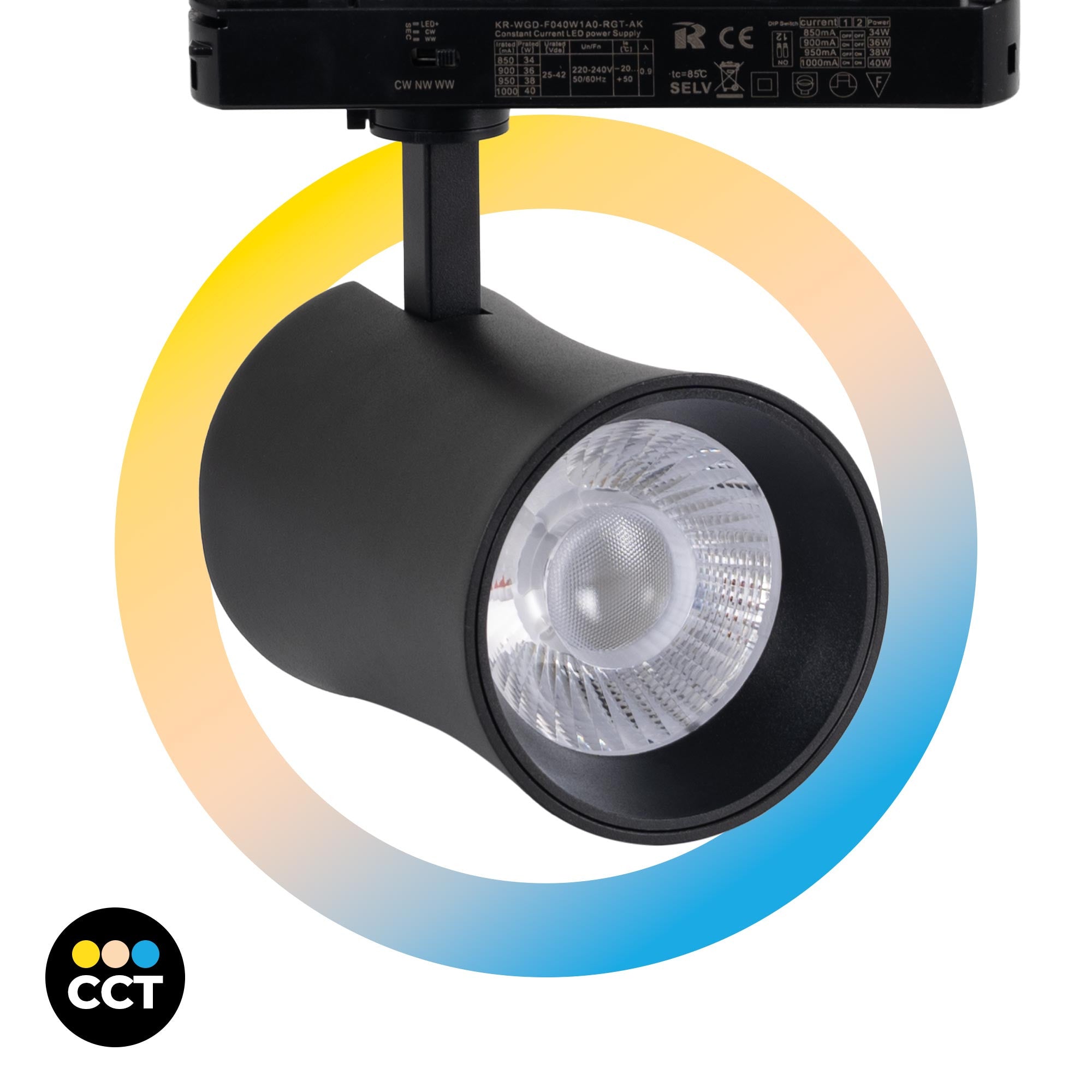 Proyector LED arquitectónico para carril monofásico CCT - 40W - CRI 90