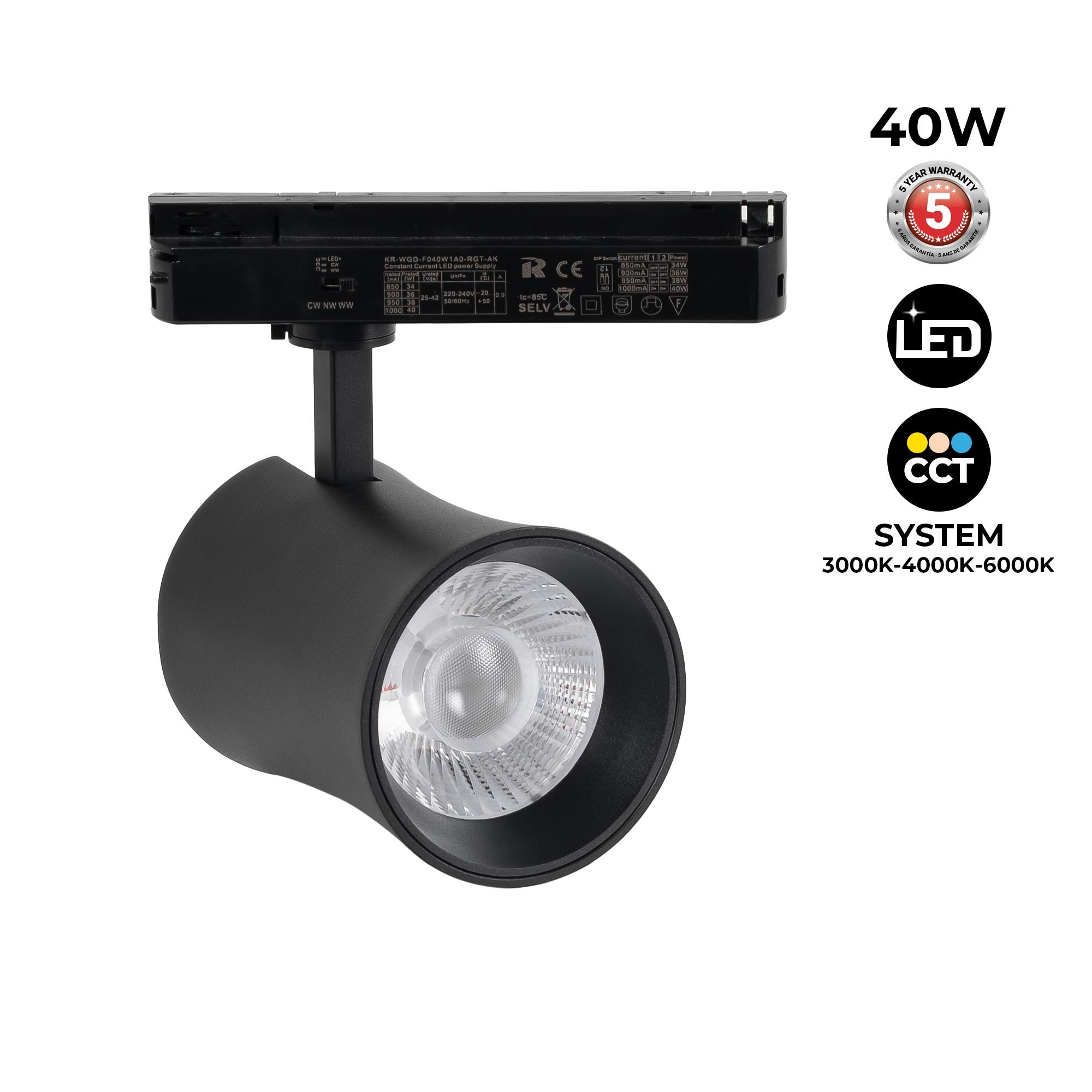Proyector LED arquitectónico para carril monofásico CCT - 40W - CRI 90