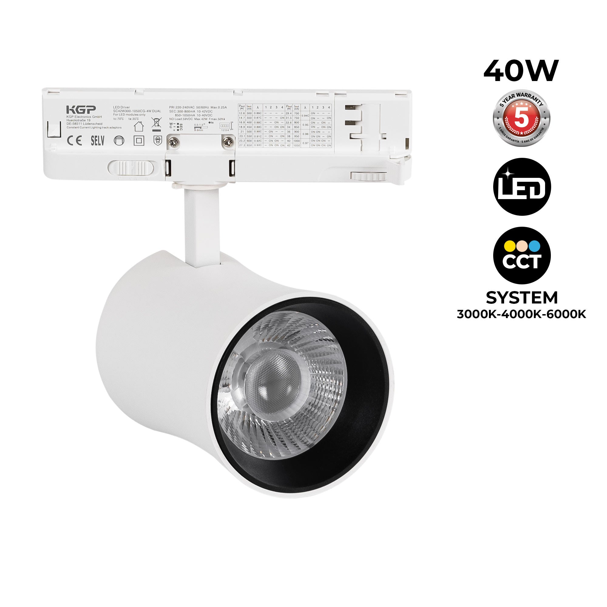 Proyector LED arquitectónico para carril trifásico CCT - 40W - CRI 90 - Driver KGP