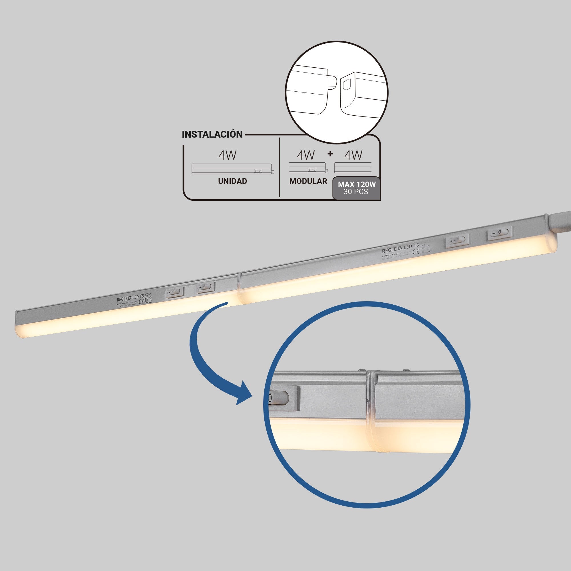 Regleta LED bajo mueble T5 - 4W - CCT - 30 cm - Opal
