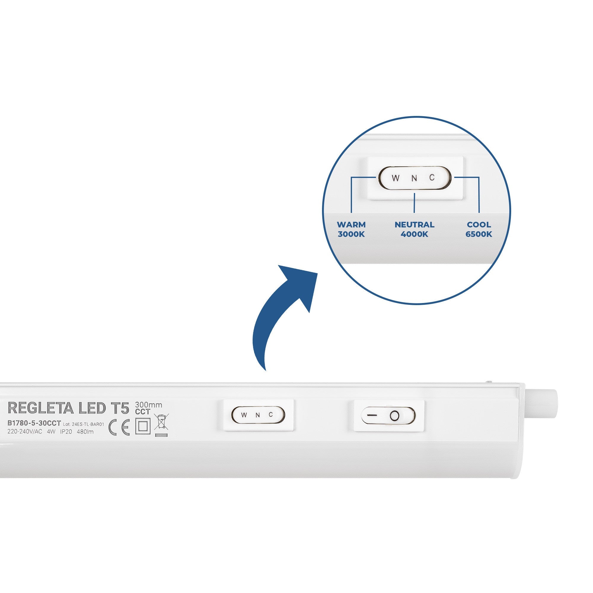 Regleta LED bajo mueble T5 - 4W - CCT - 30 cm - Opal