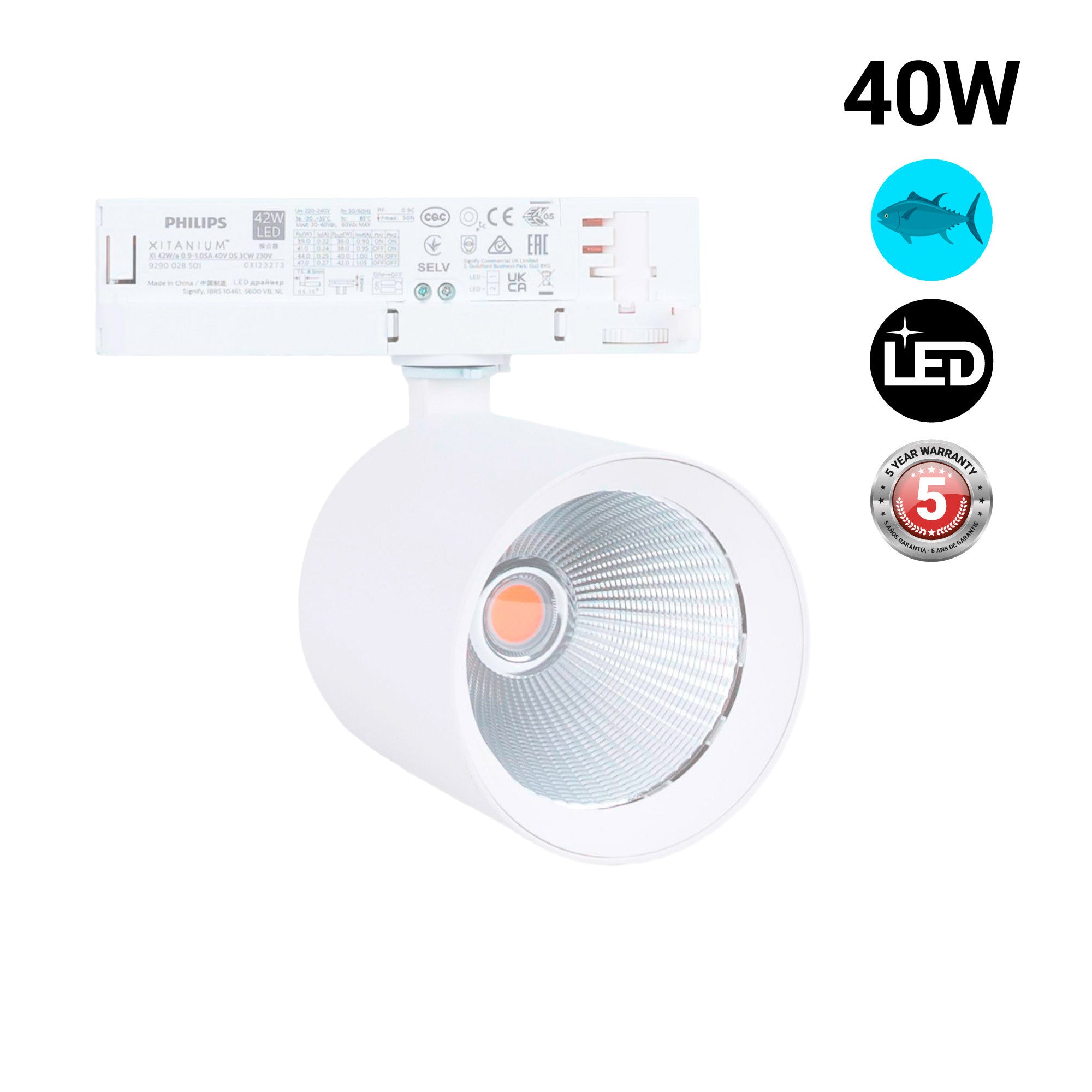 Proyector LED para carril trifásico 40W - Pescados y Mariscos - Driver Philips Xitanium