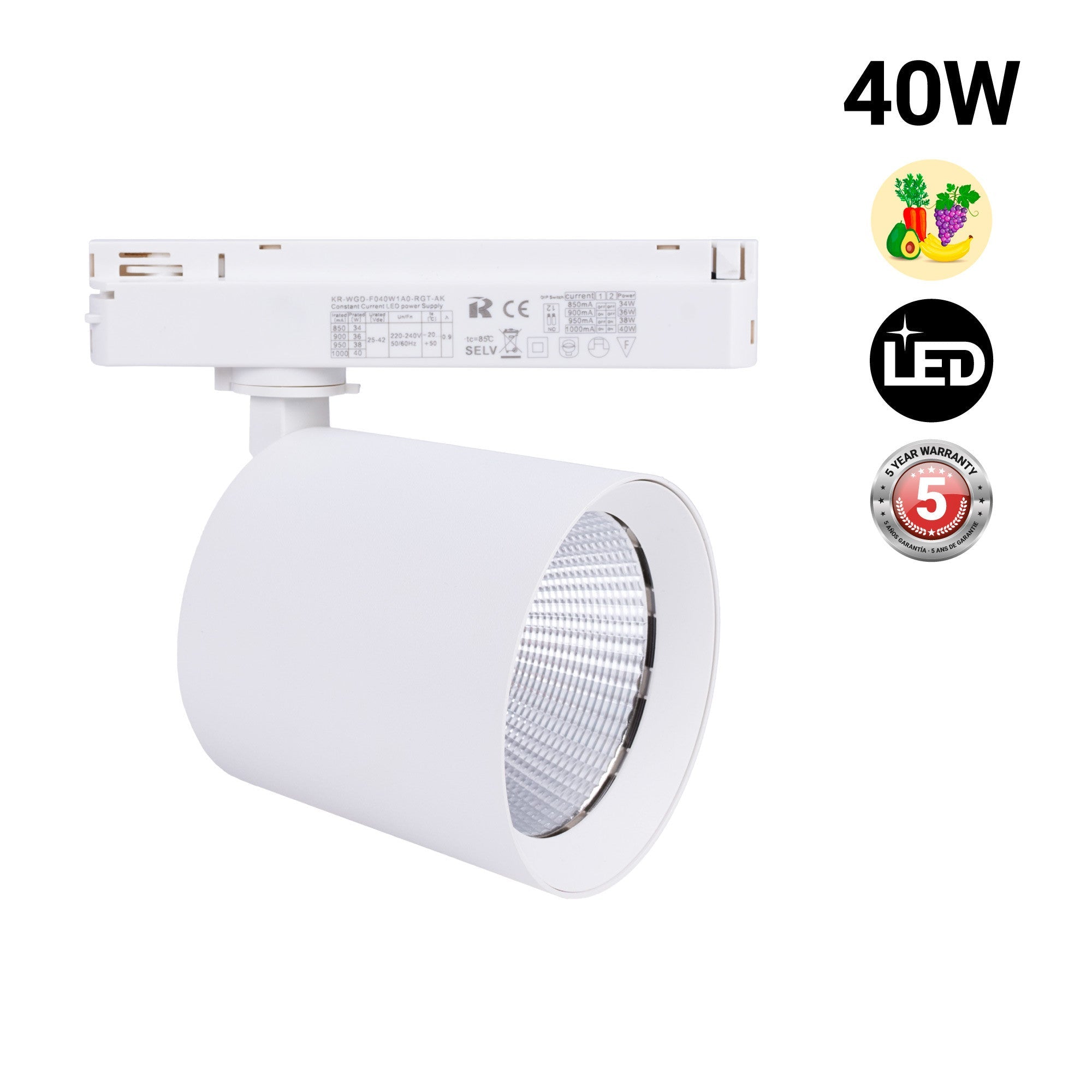 Proyector LED para carril monofásico 40W - Fruterías y verdulerías