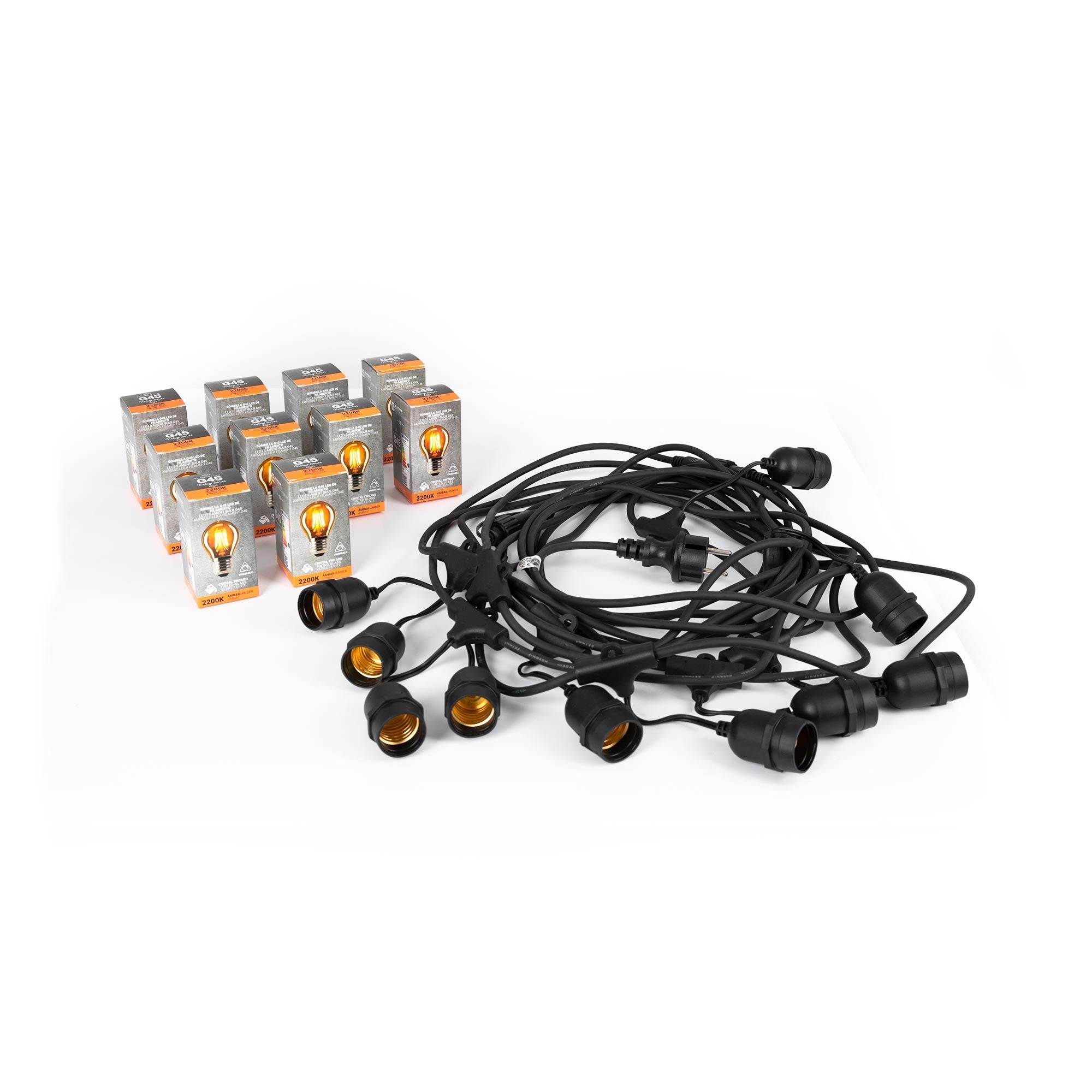 Kit guirnalda luces exterior 11,5 metros + 10 bombillas LED G45/E27 filamento 4W - 2200K - IP44