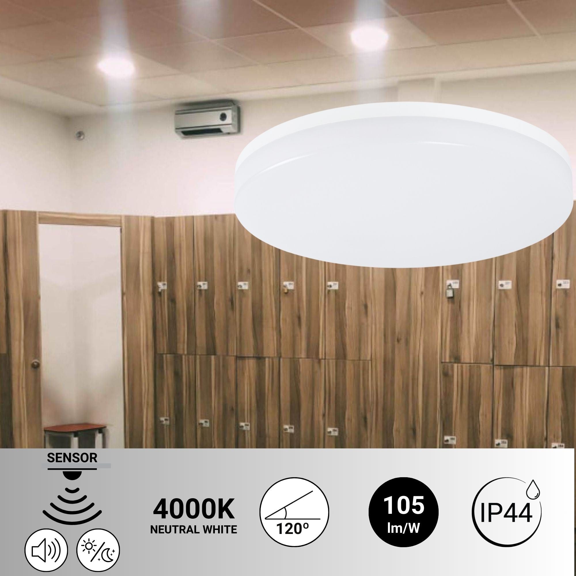 Plafón LED techo 18W - Sensor de sonido + sensor crepuscular - IP44 - Ø26 cm