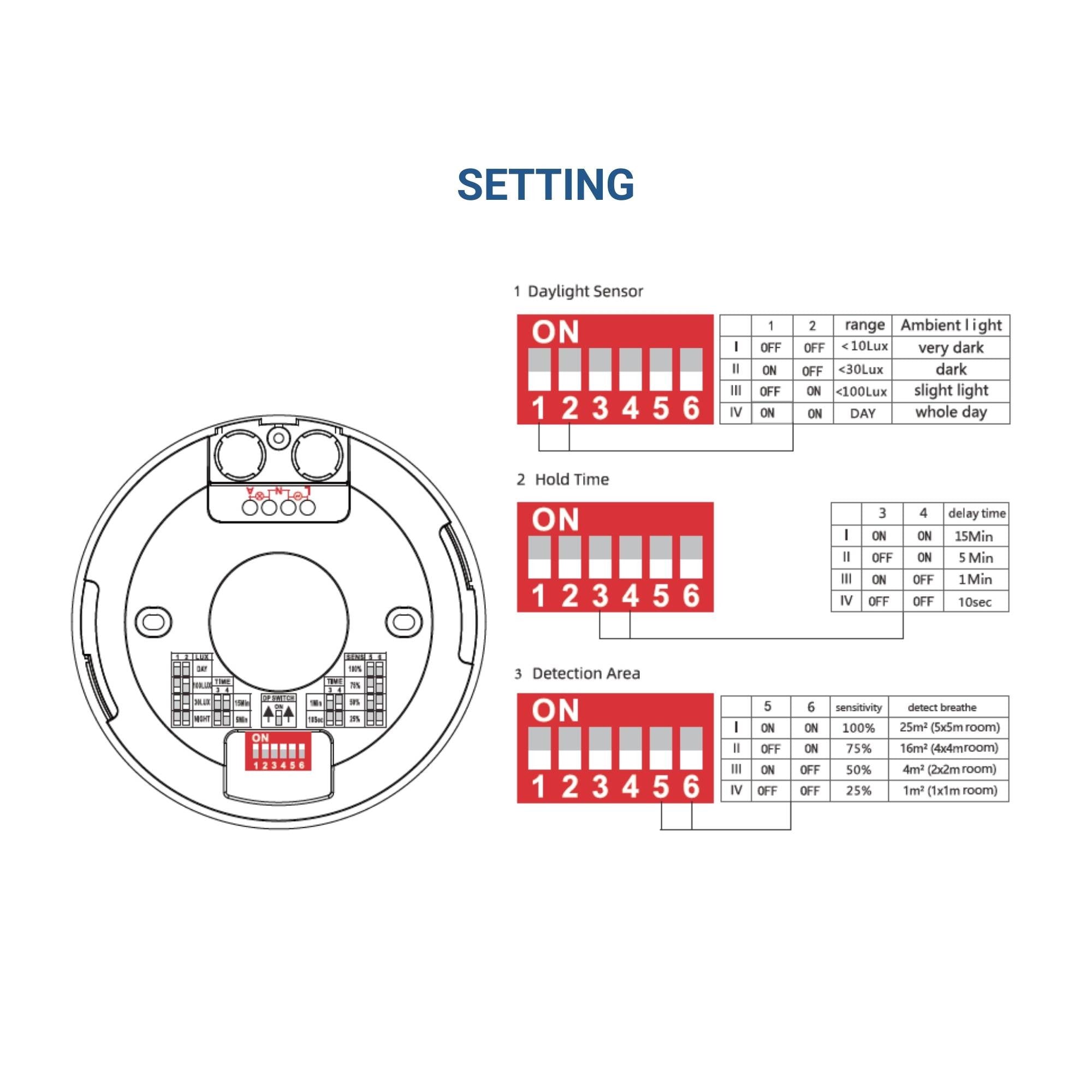 Sensor de movimiento por microondas - Superficie - DIP Switch - Techo/pared