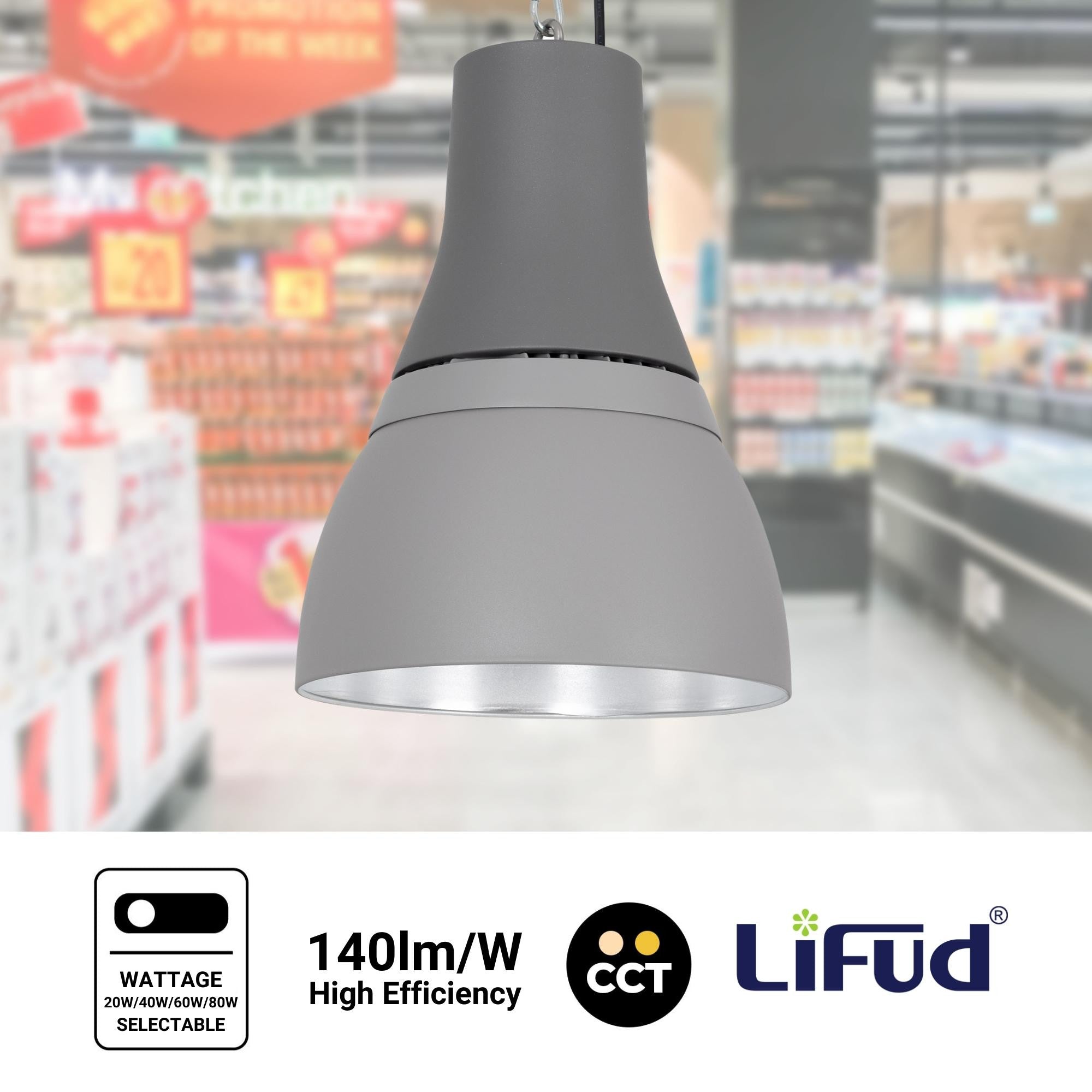 Campana LED comercial CCT -  (25W / 40W /60W / 80W) - Difusor aluminio - UGR19 - Driver Lifud 0-10V