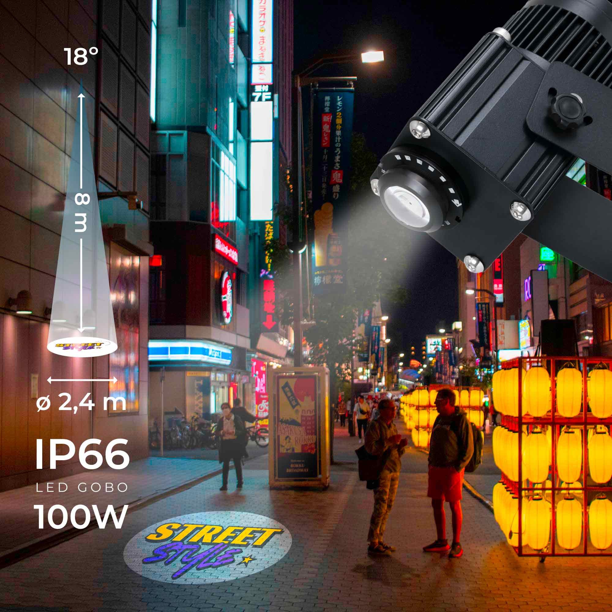 Proyector de logos LED GOBO 100W fijo exterior - 4 cristales - Óptica 18° - IP65