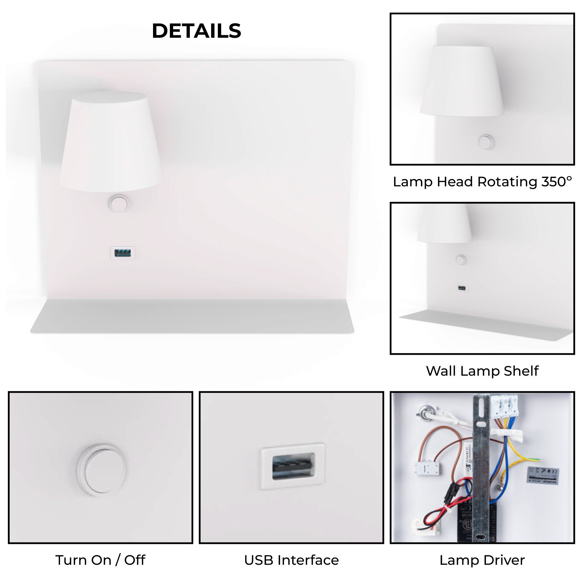 Aplique de pared para lectura con puerto USB "BASKOP" - 6W - Izquierda