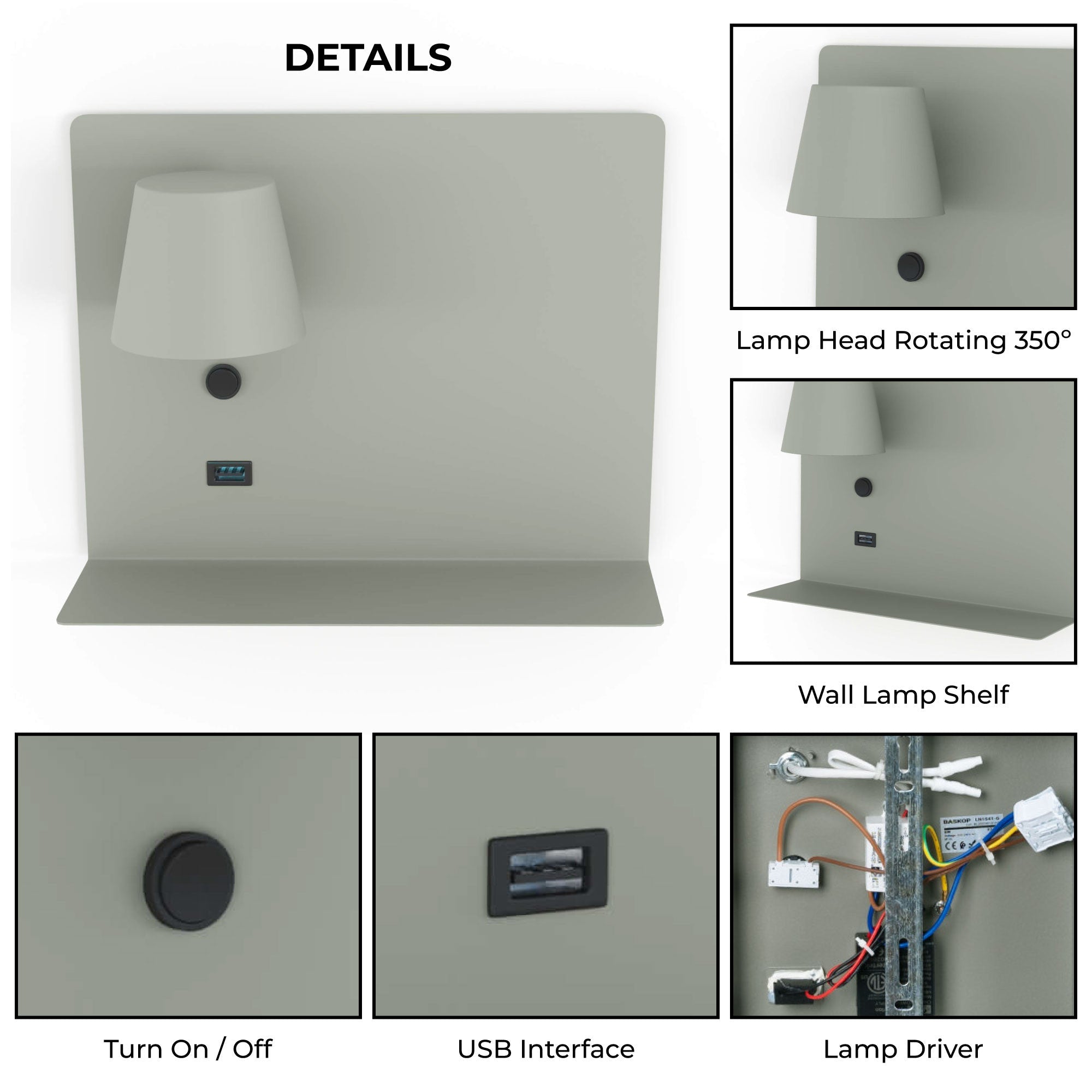 Aplique de pared para lectura con puerto USB "BASKOP" - 6W - Izquierda