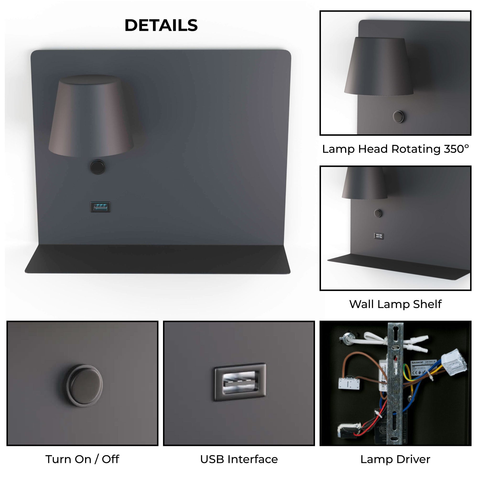 Aplique de pared para lectura con puerto USB "BASKOP" - 6W - Izquierda