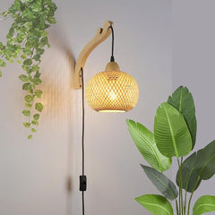 Aplique de pared de mimbre y madera "Phuket" - Con cable y enchufe - E27