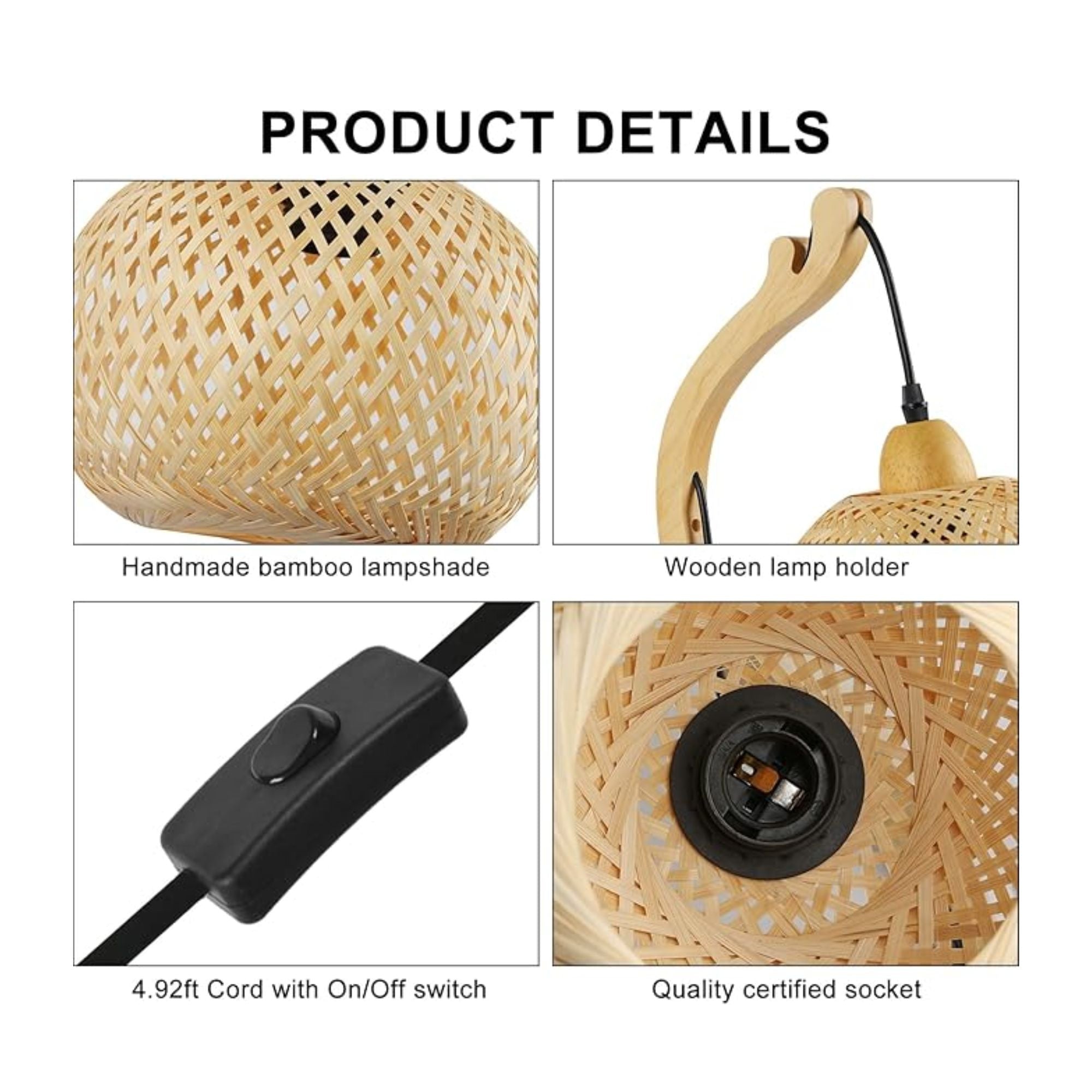 Aplique de pared de mimbre y madera "Phuket" - Con cable y enchufe - E27