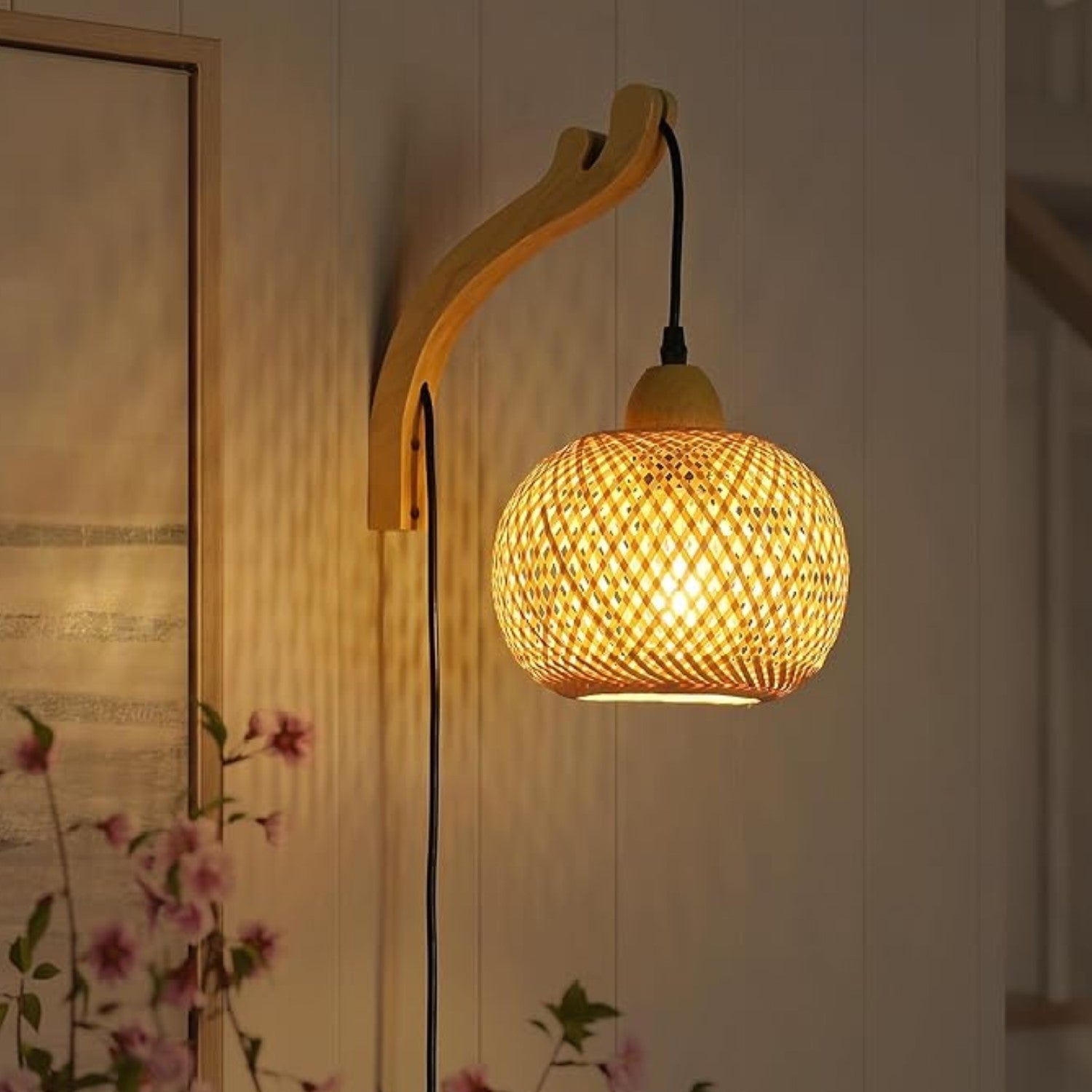 Aplique de pared de mimbre y madera "Phuket" - Con cable y enchufe - E27