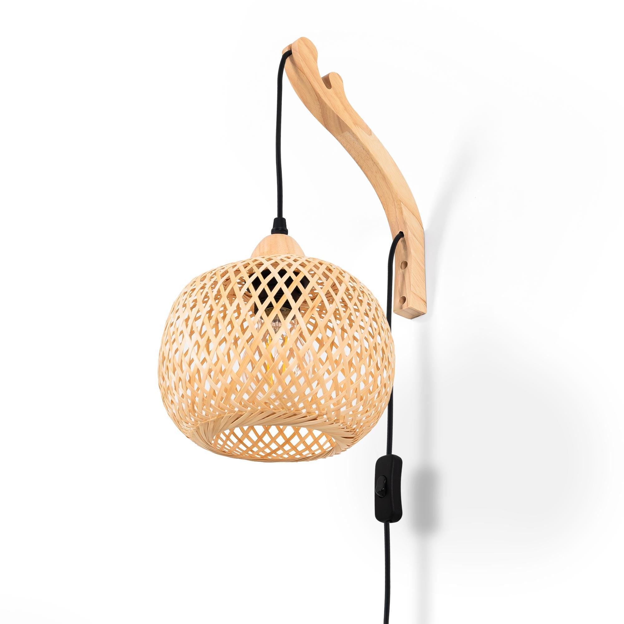 Aplique de pared de mimbre y madera "Phuket" - Con cable y enchufe - E27