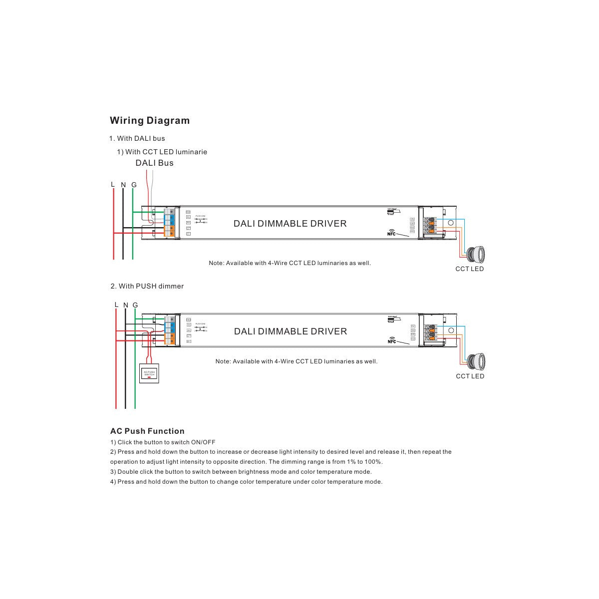 Driver regulable DALI2 DT8 - 80W - Corriente constante - Salida 10-54V DC - 1000-2000mA - NFC