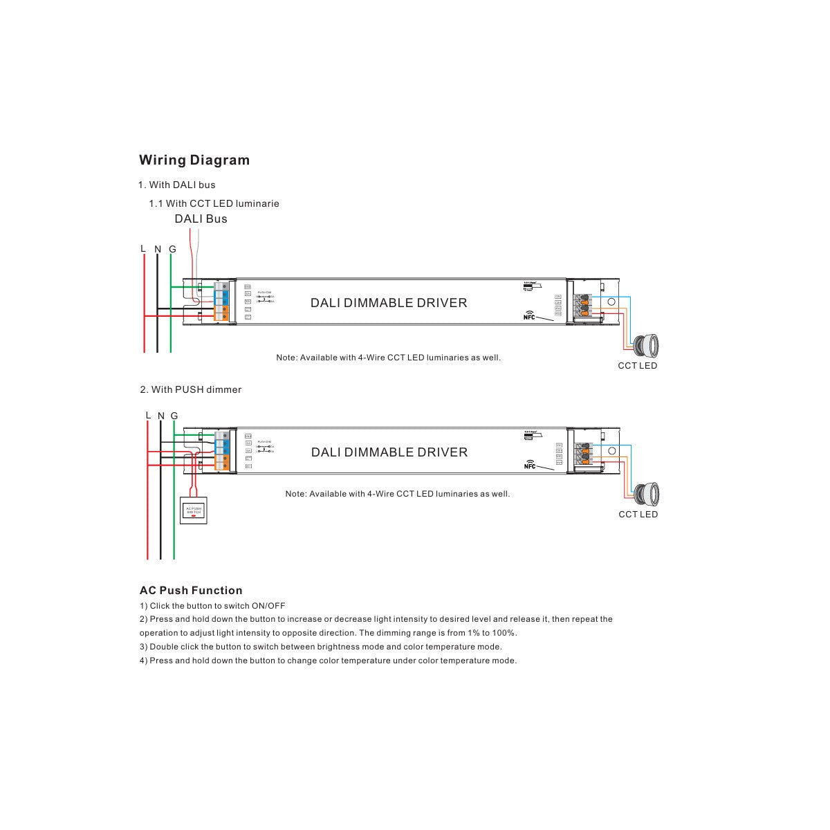 Driver regulable lineal DALI DT8 - CCT - 40W - Corriente constante - Salida 10-54V DC - 500-1050mA - NFC
