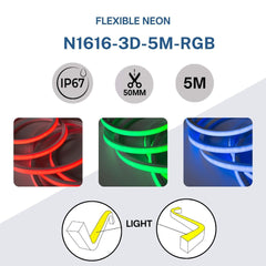 Neón LED flexible RGB 3D - 16x16mm - 5m - Kit completo -12W/m - IP67 -Curvatura vertical y horizontal