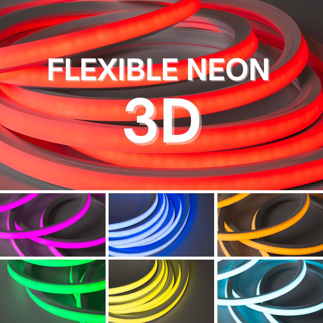 Neón LED flexible RGB 3D - 16x16mm - 5m - Kit completo -12W/m - IP67 -Curvatura vertical y horizontal