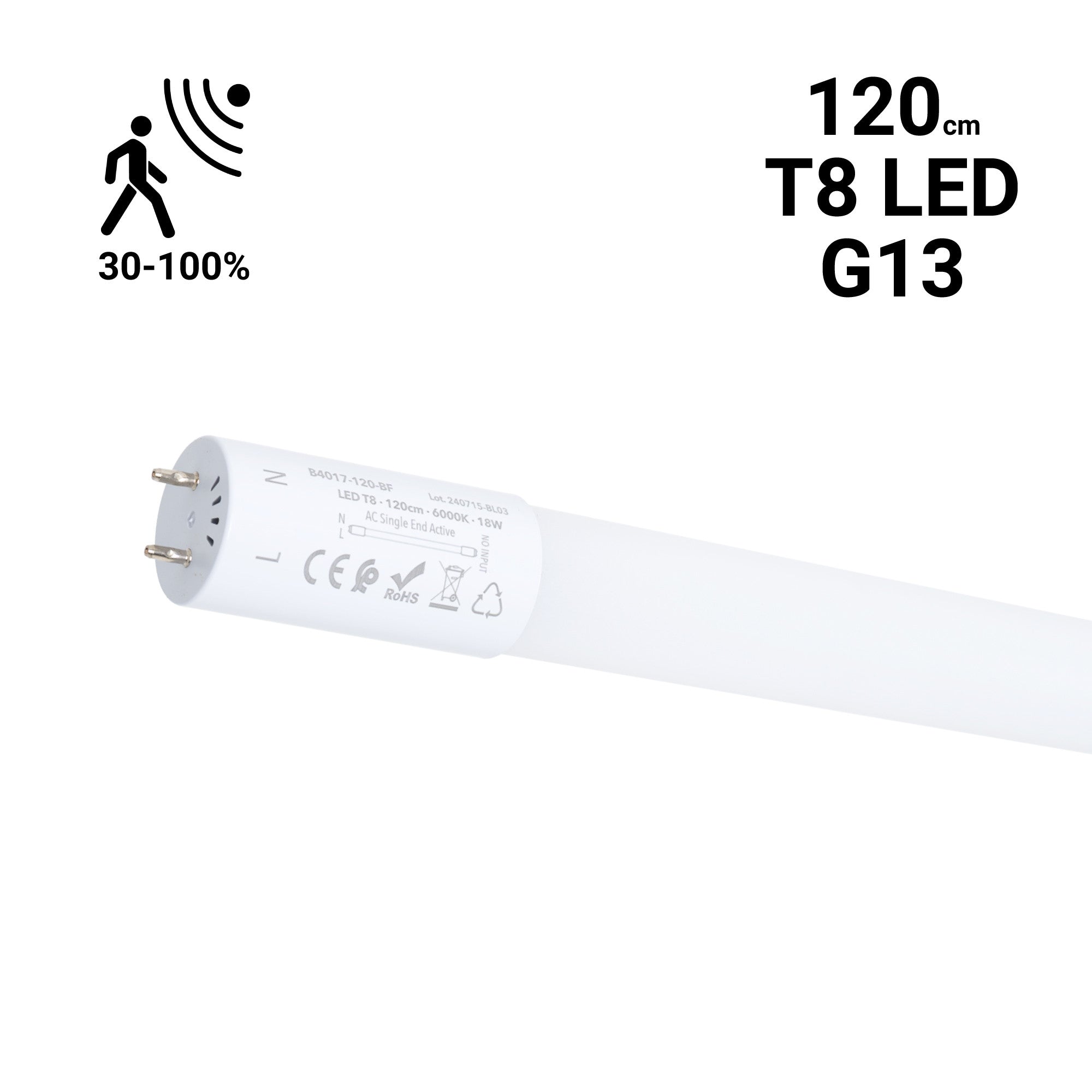 Tubo LED T8 con sensor de movimiento microondas 30-100% - 18W - 120 cm - 6000K