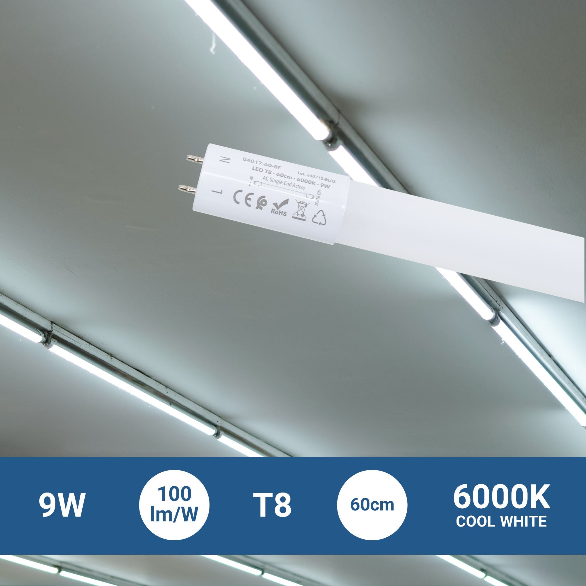Tubo LED T8 con sensor de movimiento microondas 30-100% - 9W - 60 cm - 6000K