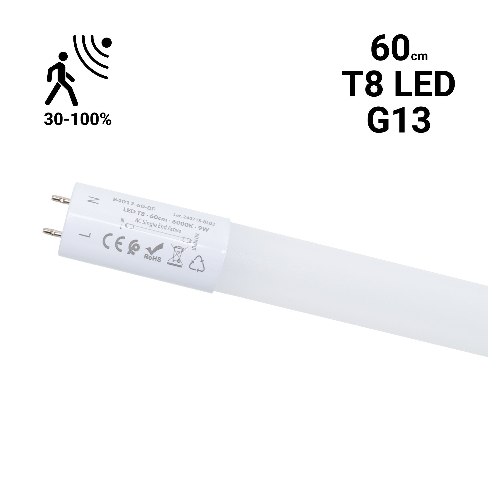 Tubo LED T8 con sensor de movimiento microondas 30-100% - 9W - 60 cm - 6000K