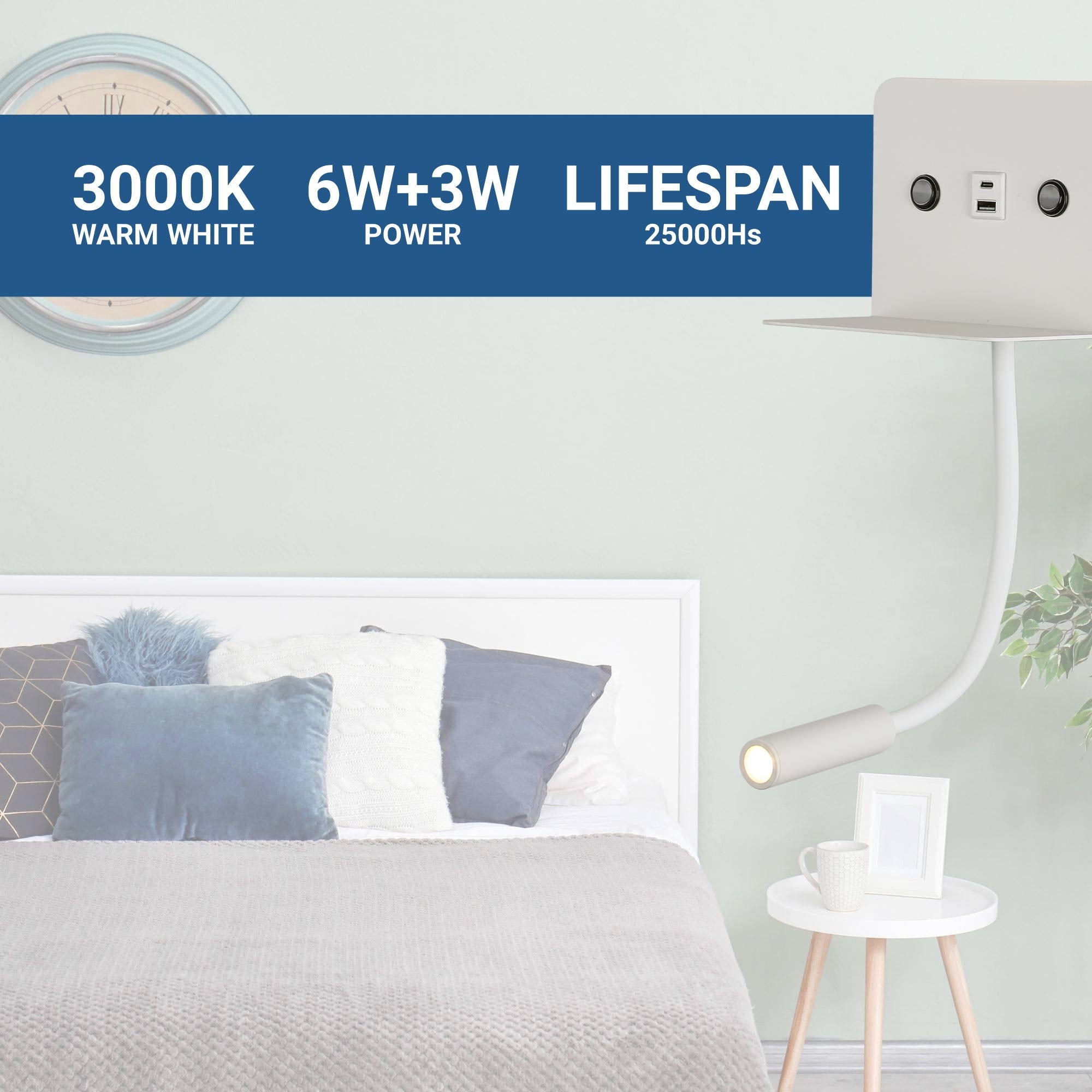 Aplique de pared para lectura "SLANGE 2" - 3W + 6W - Puerto USB + USB-C
