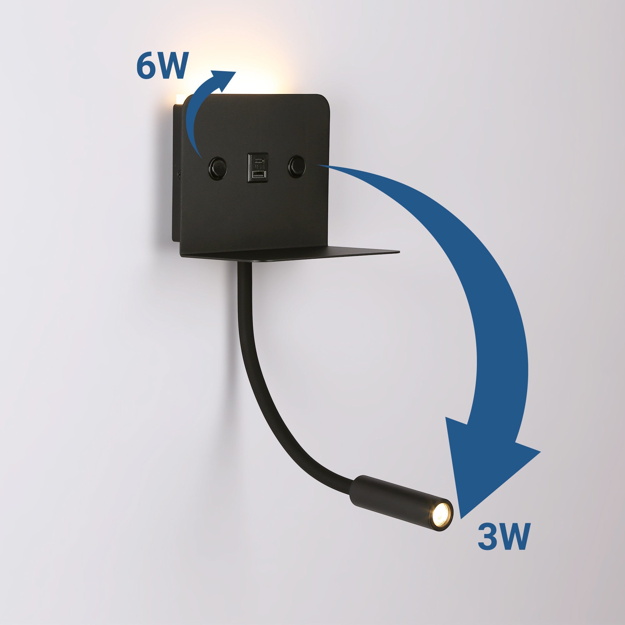 Aplique de pared para lectura "SLANGE 2" - 3W + 6W - Puerto USB + USB-C