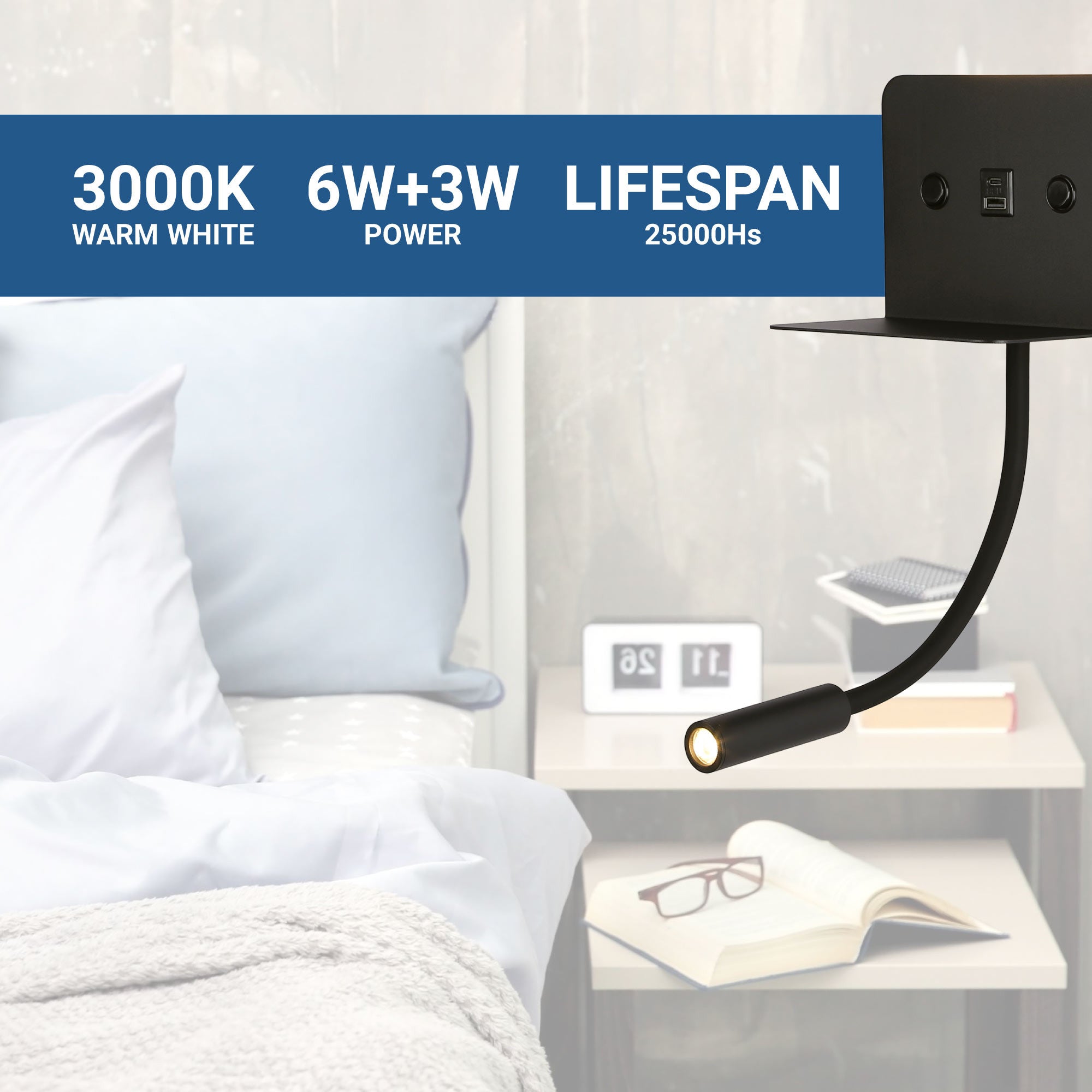 Aplique de pared para lectura "SLANGE 2" - 3W + 6W - Puerto USB + USB-C