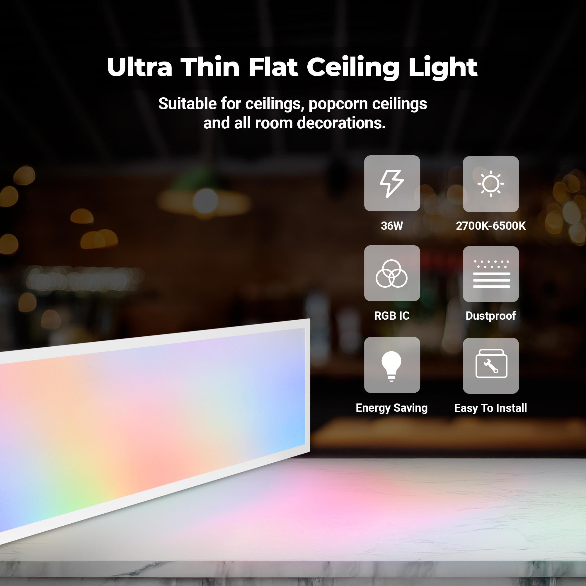 Plafón de techo LED Backlight - 120x30cm - 36W - CCT + RGB IC - Con mando a distancia