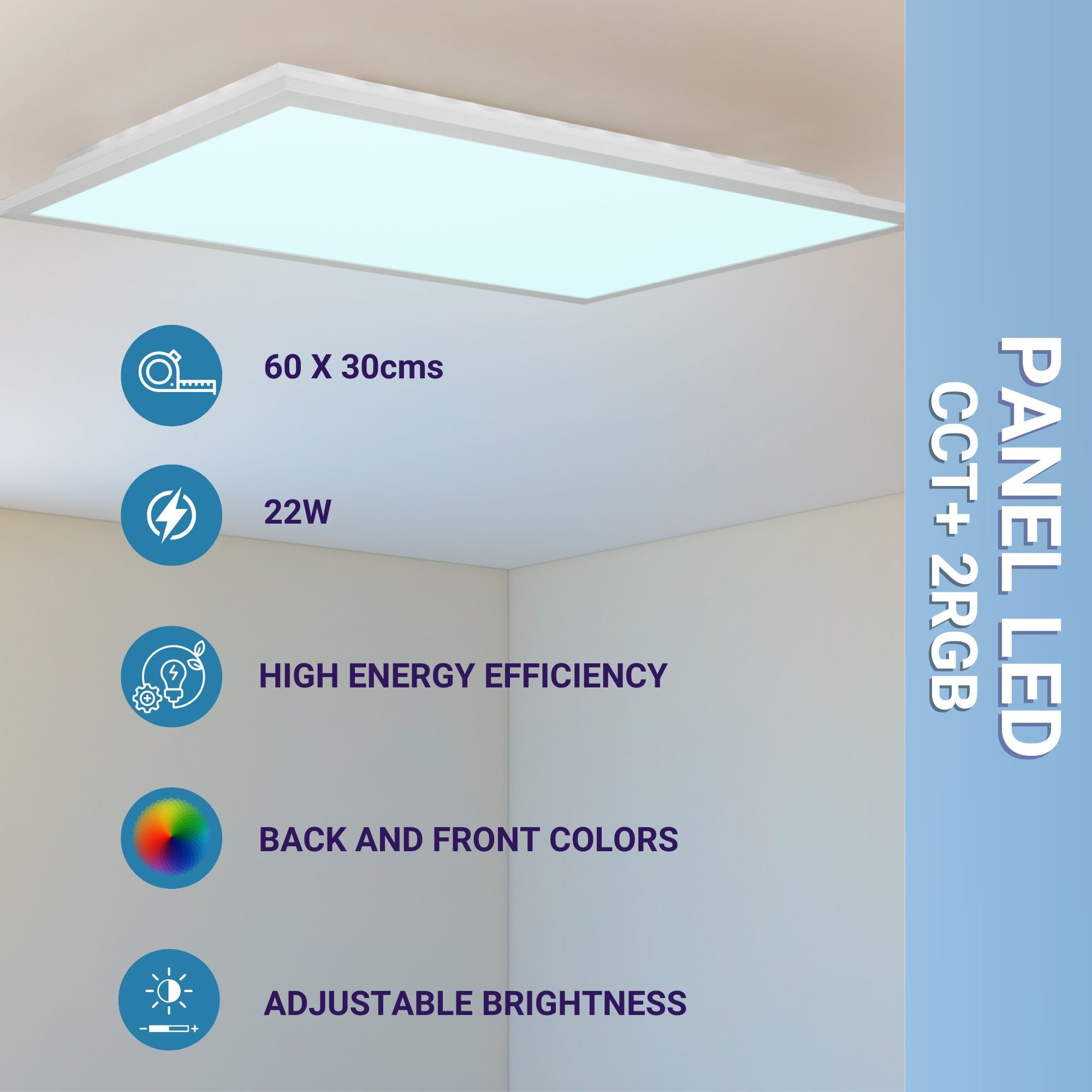 Plafón de techo LED Backlight - 60x30cm - 22W - CCT + 2RGB - Retroiluminado