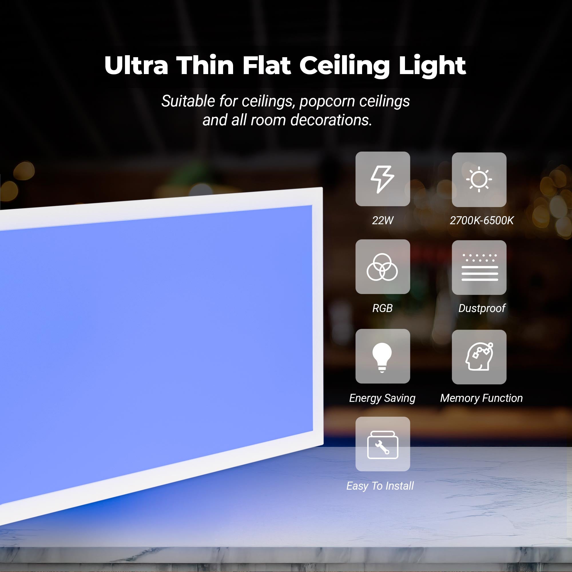 Plafón de techo LED Backlight - 60x30cm - 22W - CCT + 2RGB - Retroiluminado